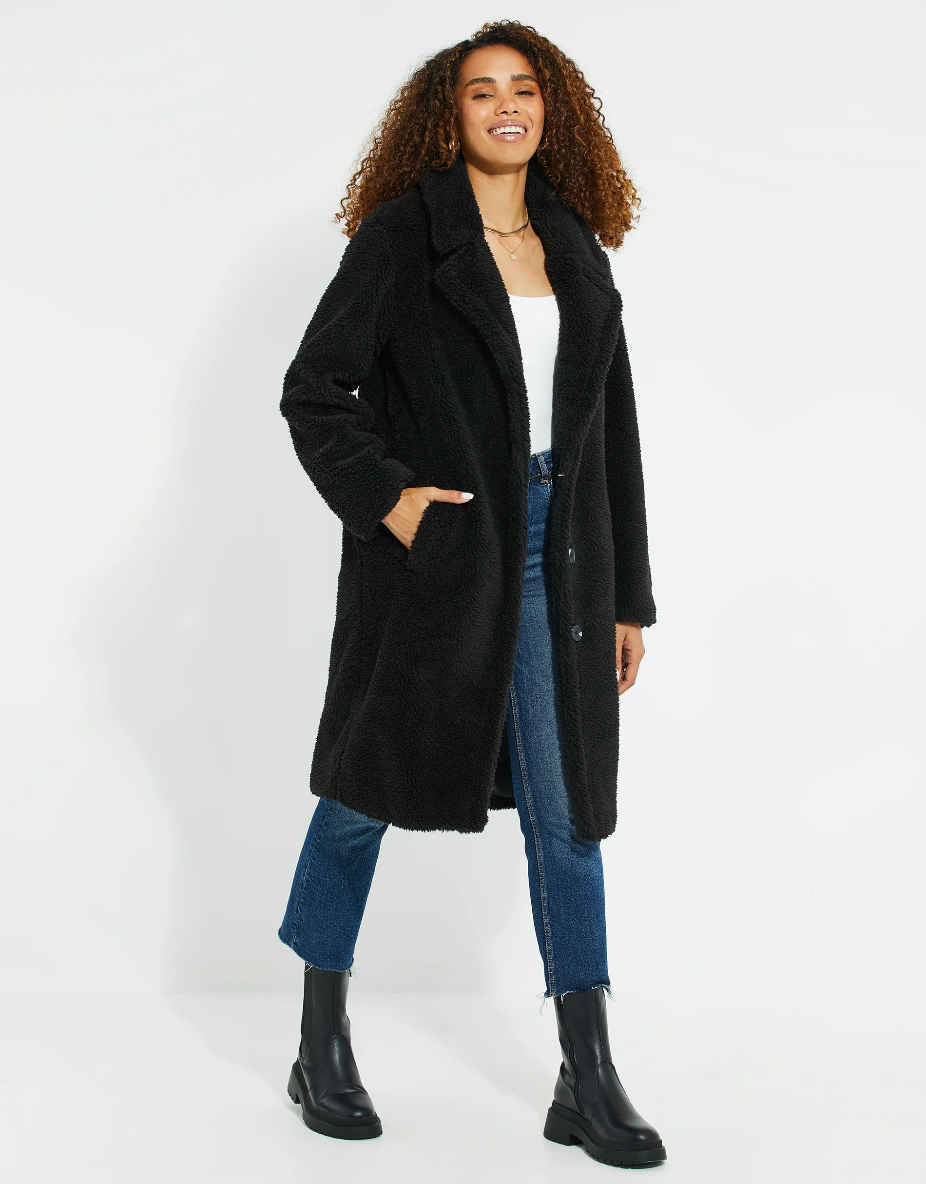 Faux Borg Teddy Coat in Black - Image 4