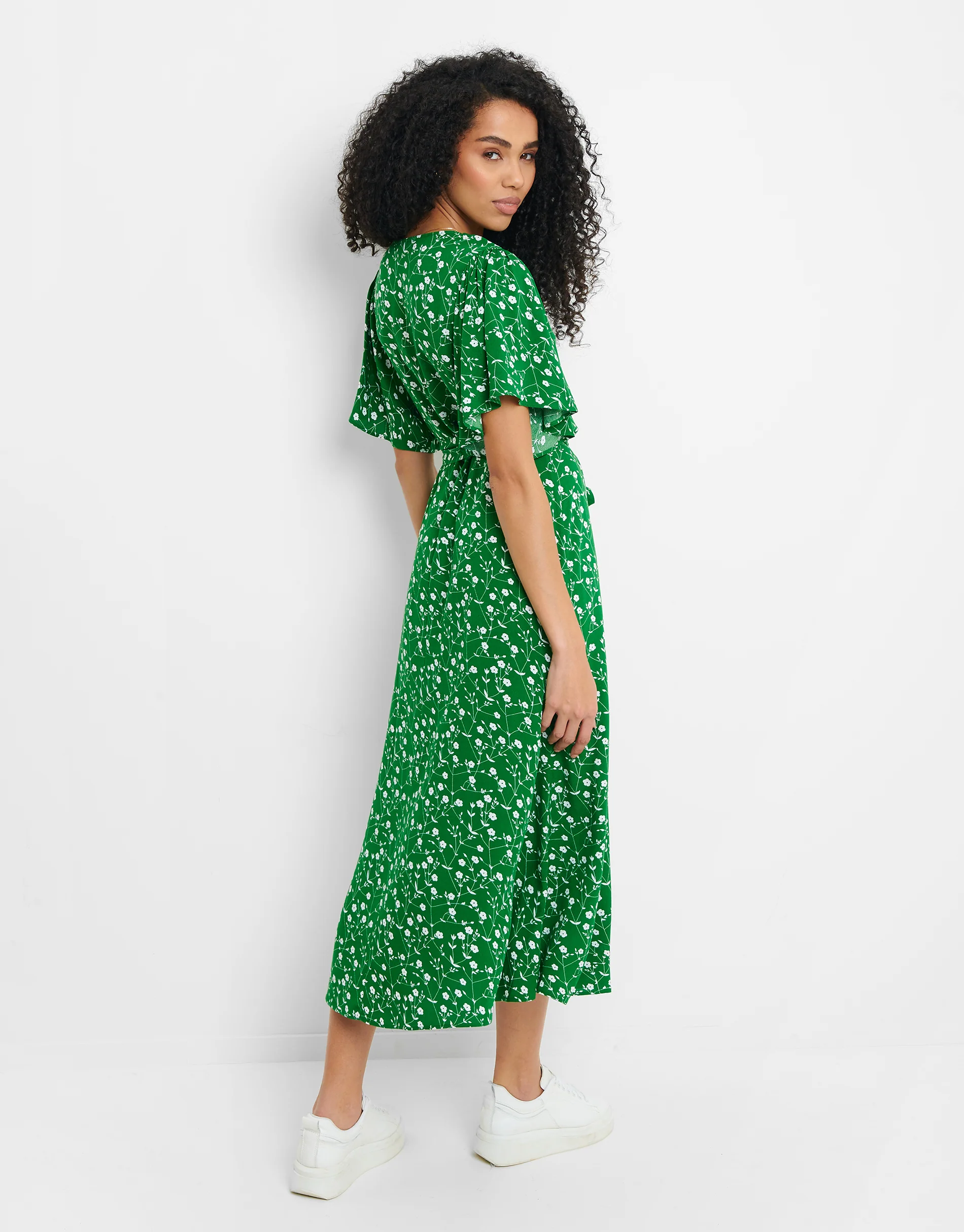 Floral Print Flutter Sleeve Midi Dress in Green - Image 2