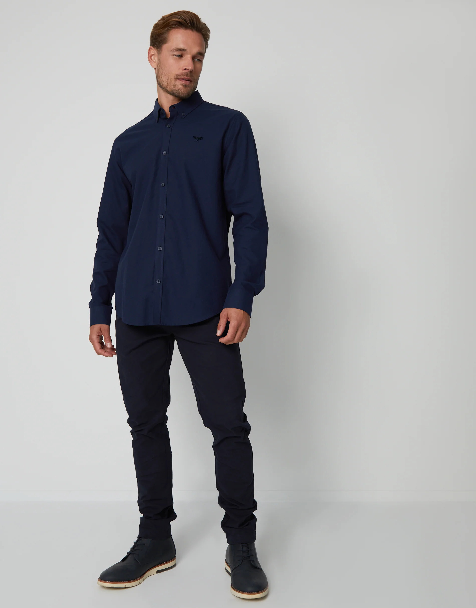 Cotton Long Sleeve Shirt in Navy - Image 3