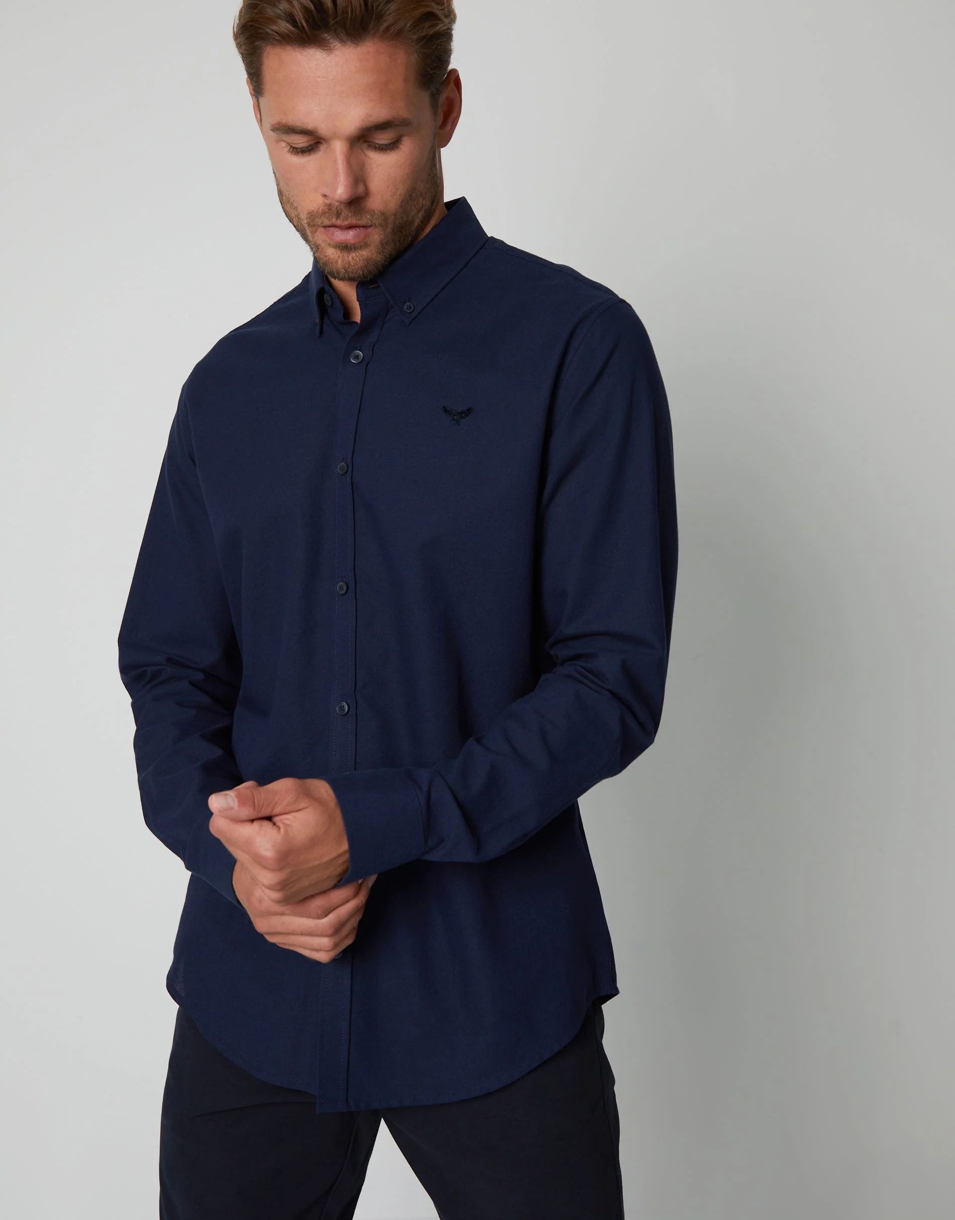 Cotton Long Sleeve Shirt in Navy - Image 4