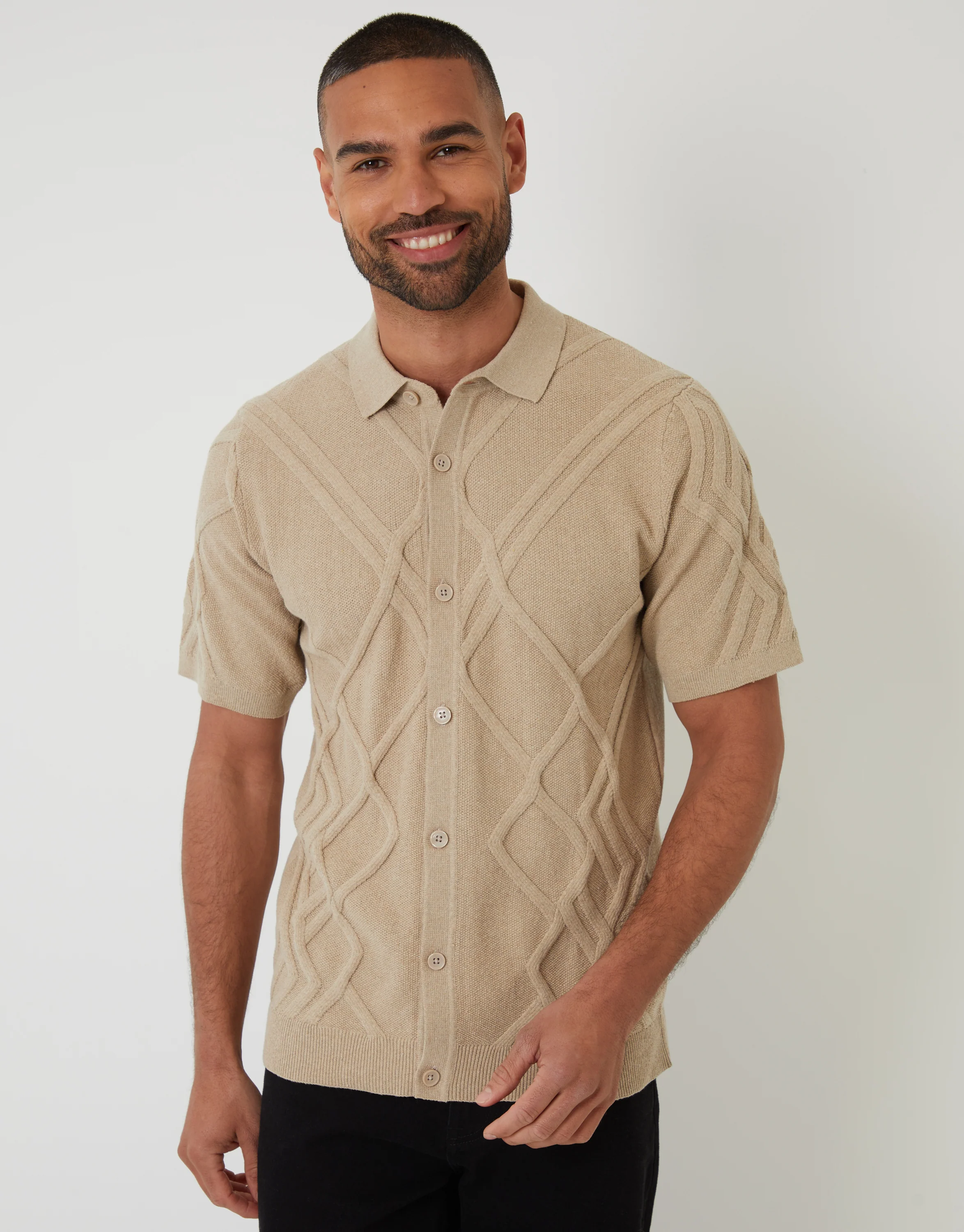 Cable Knit Button Through Polo Shirt in Beige