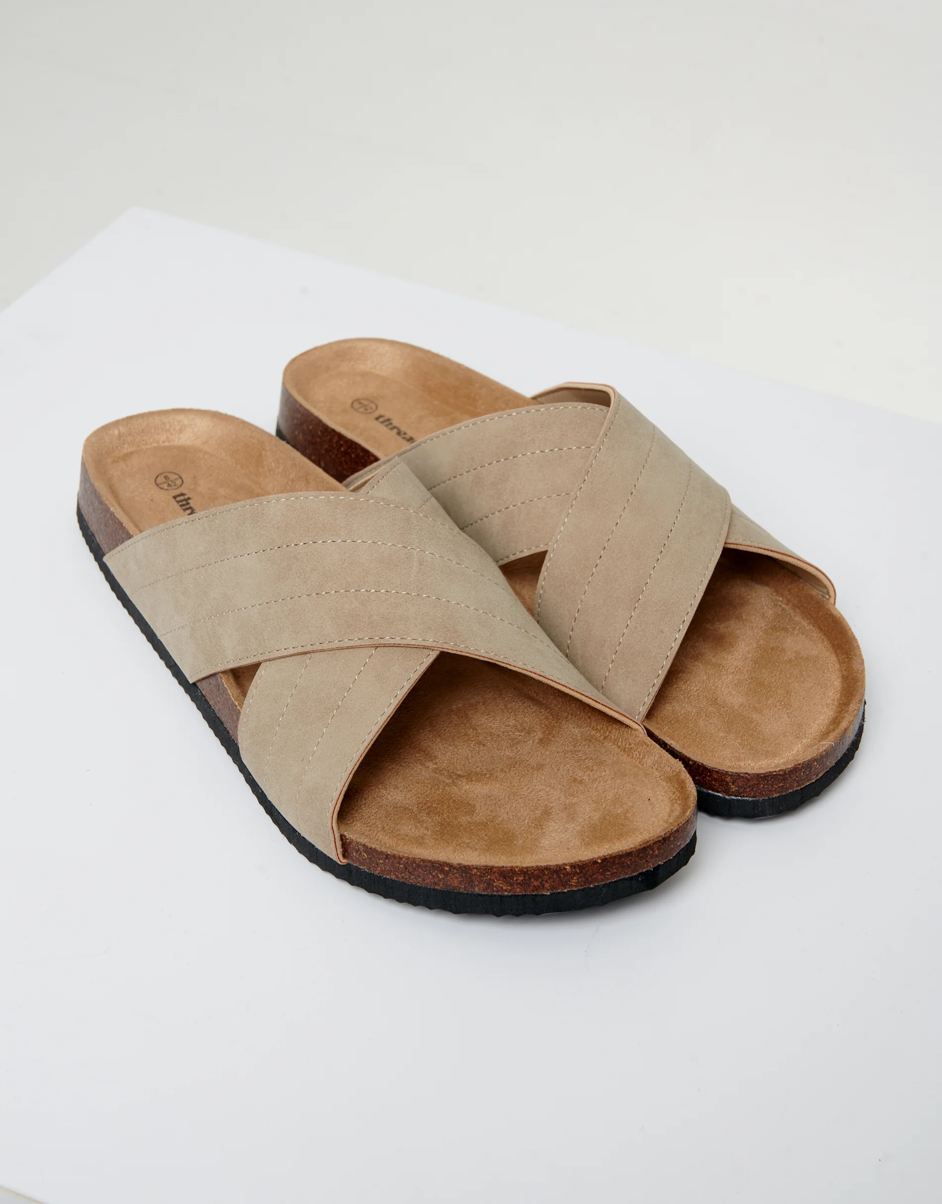 Faux Suede Cross Strap Sandals in Beige