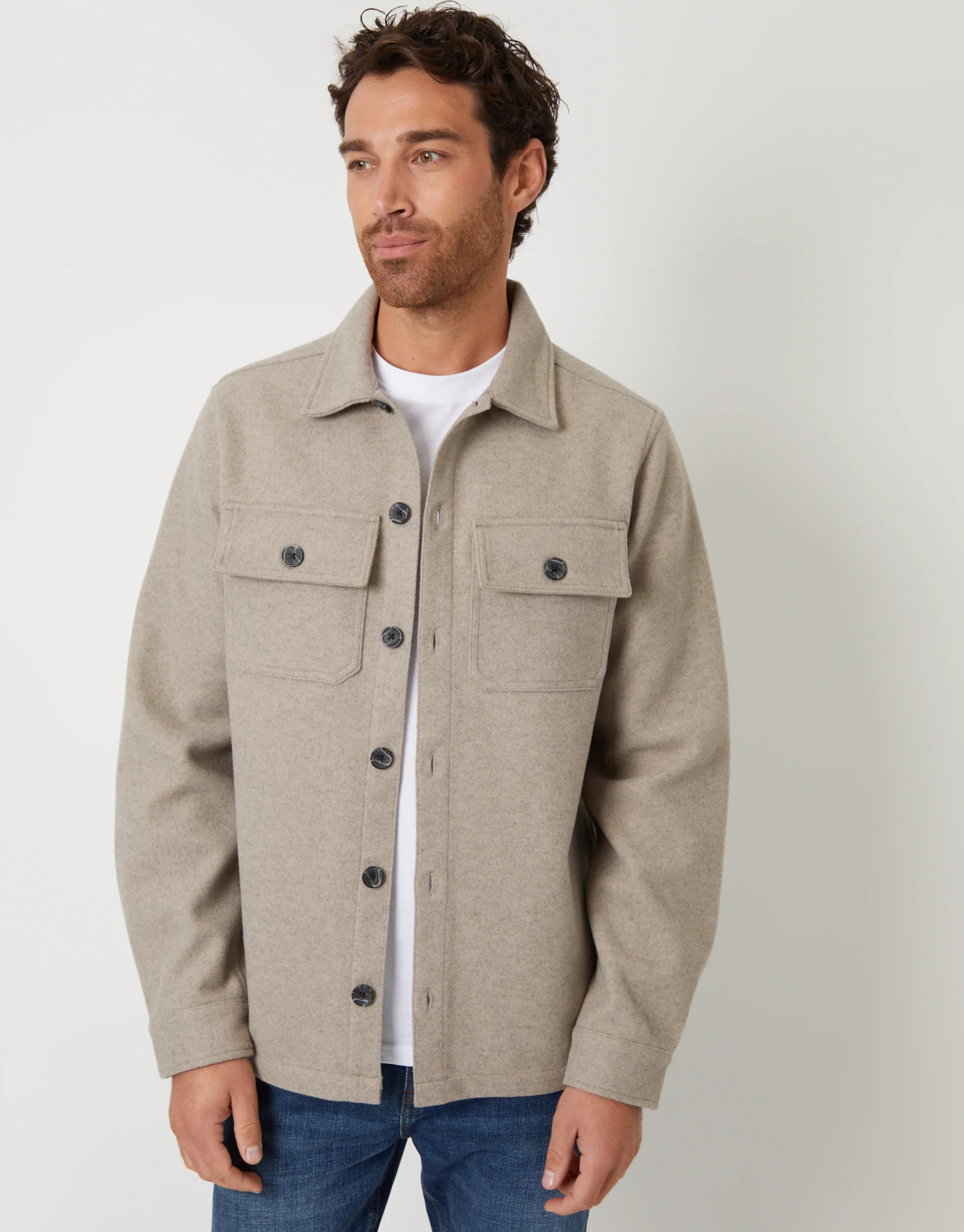 Faux Wool Button Up Shacket in Beige