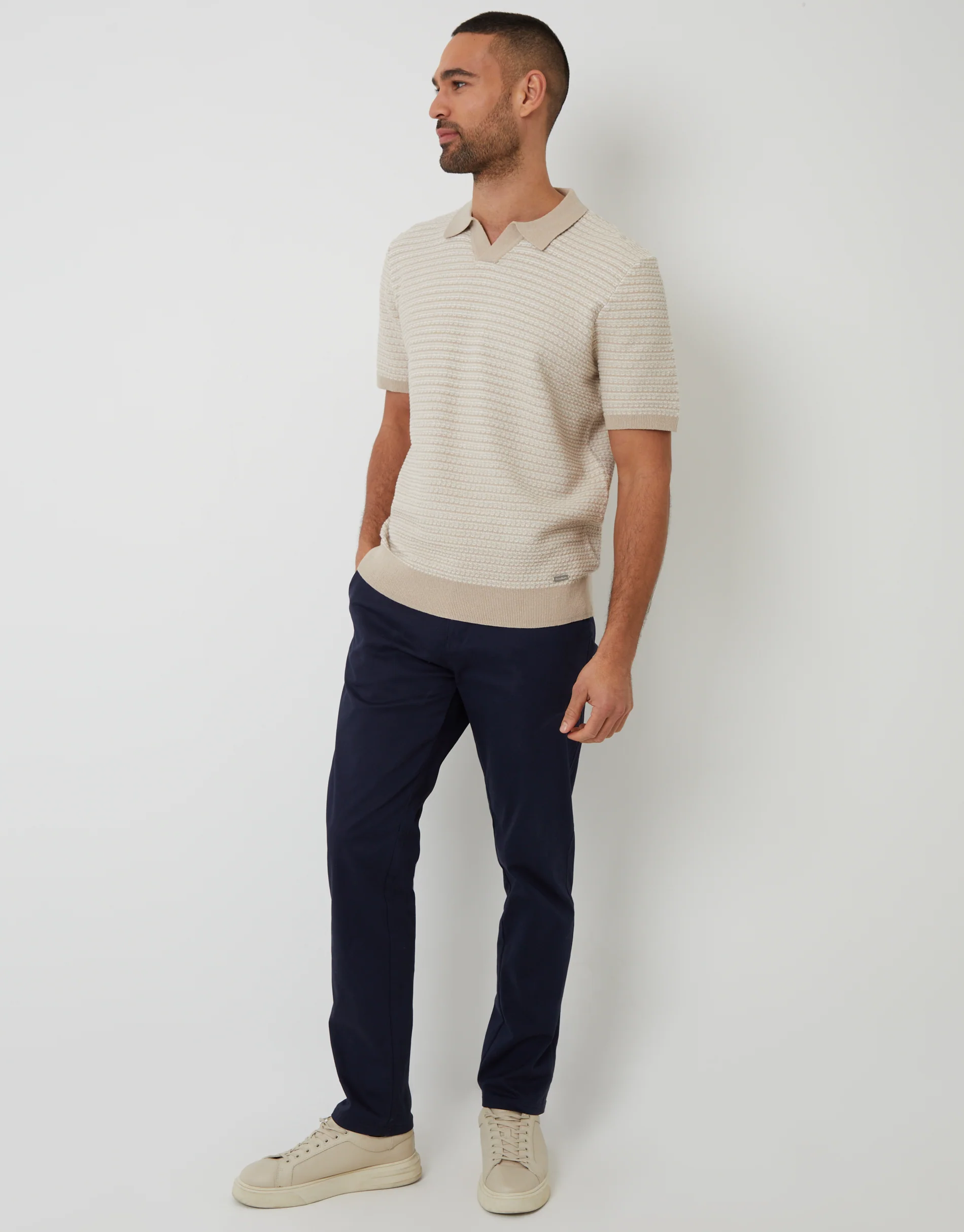 Textured Knit Trophy Neck Polo in Beige Stripe - Image 3