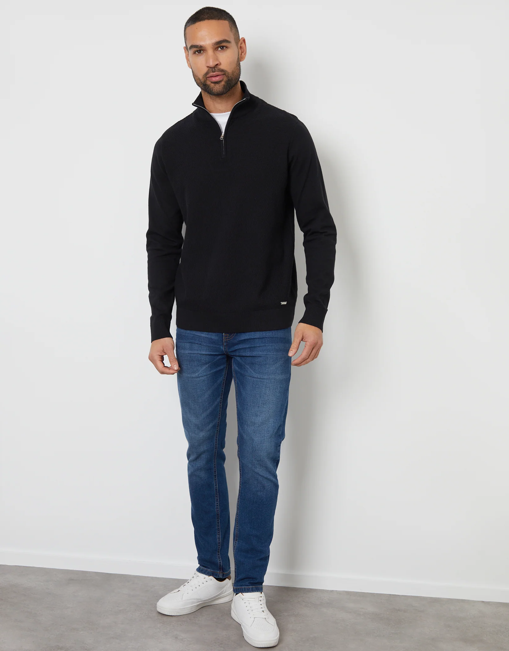 Basket Stitch Mock T-Shirt Quarter Zip Jumper in Black - Image 3
