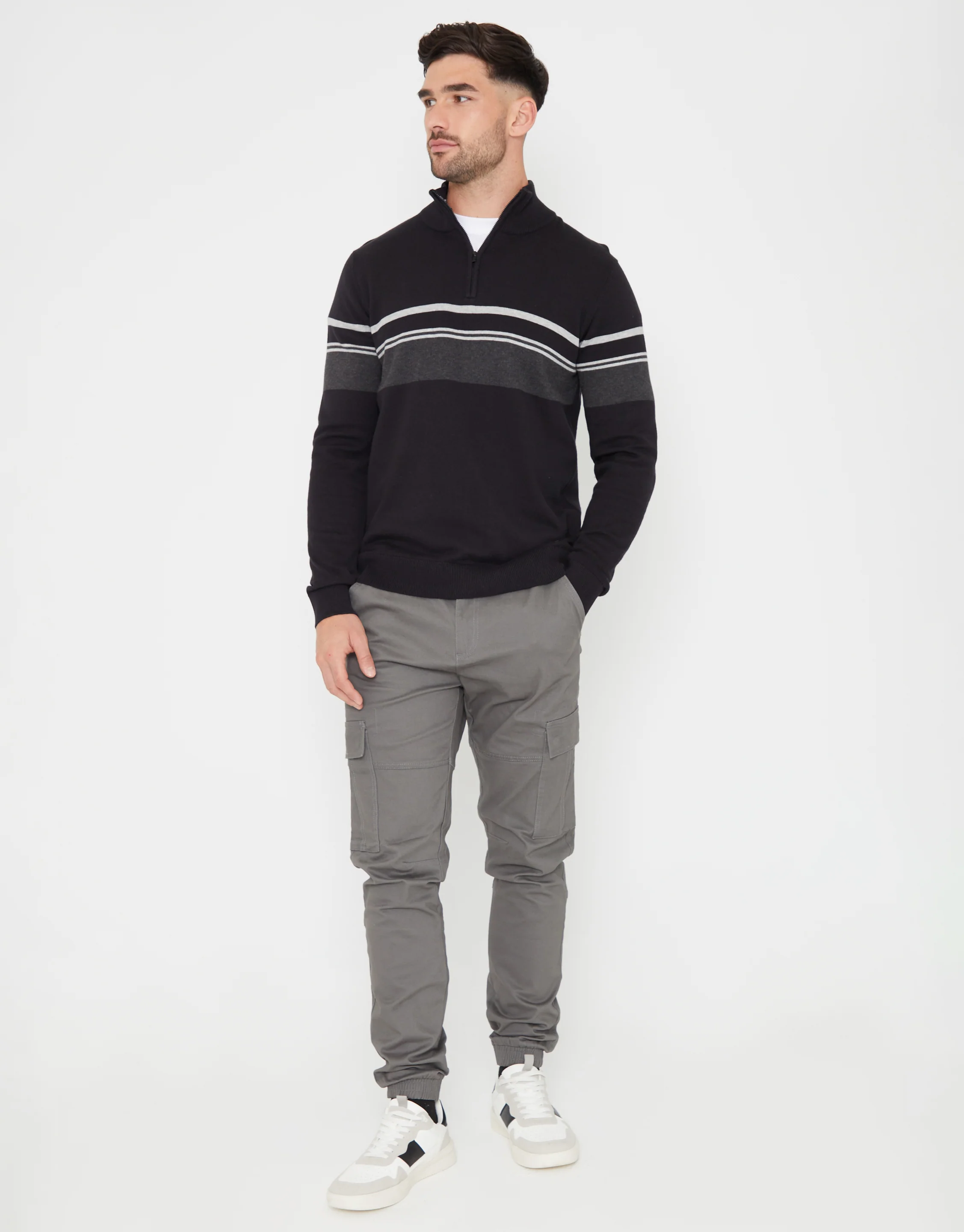 Colourblock Quarter Zip Knitted Jumper in Black - Image 3
