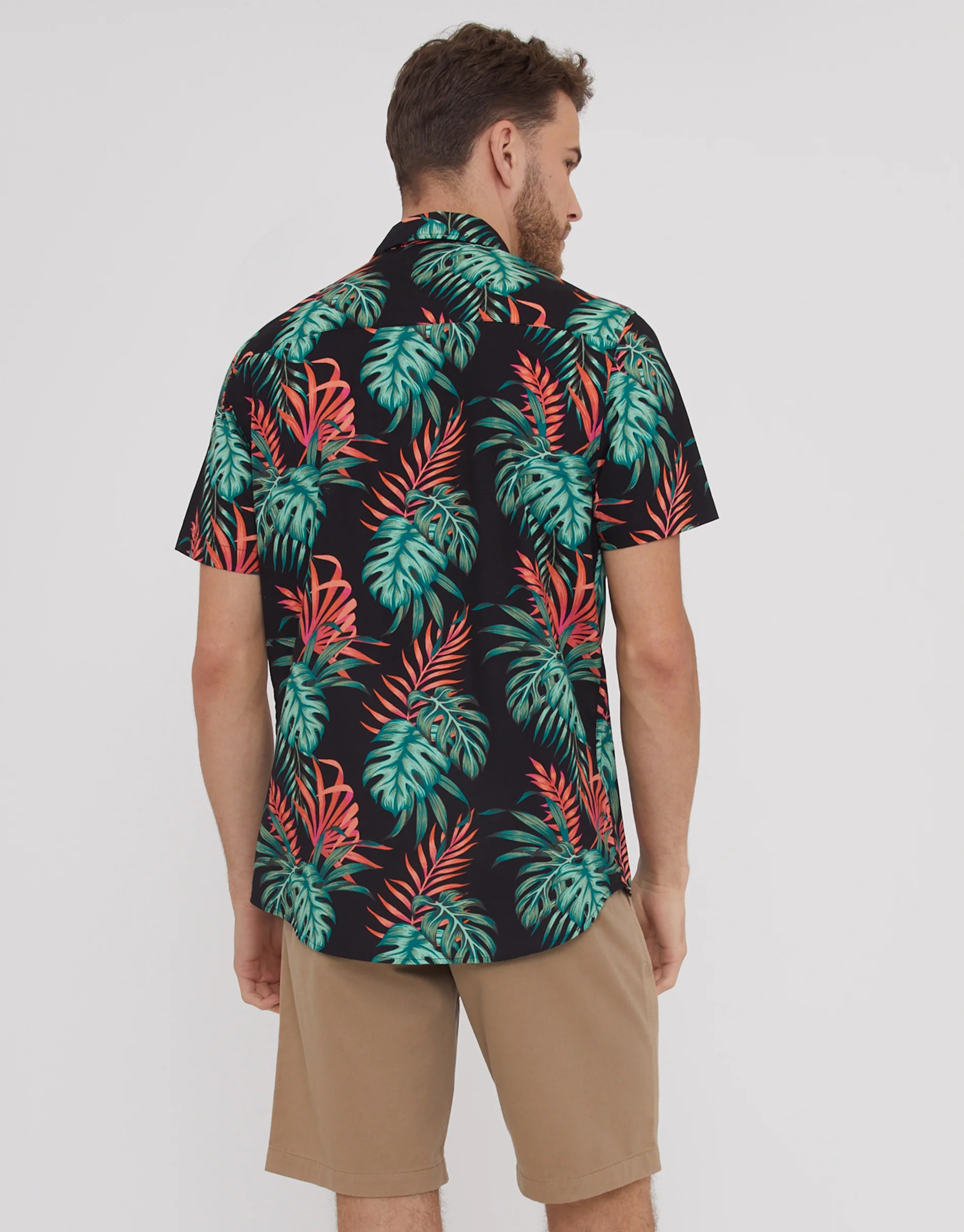 Cotton Tropical Print Short Sleeve Shirt in Black - Image 2