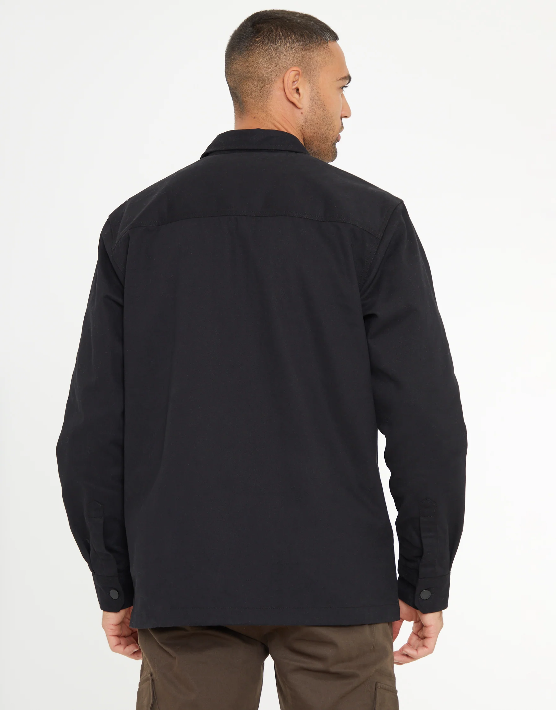 Relaxed Fit Cotton Twill Button Up Shacket in Black - Image 2