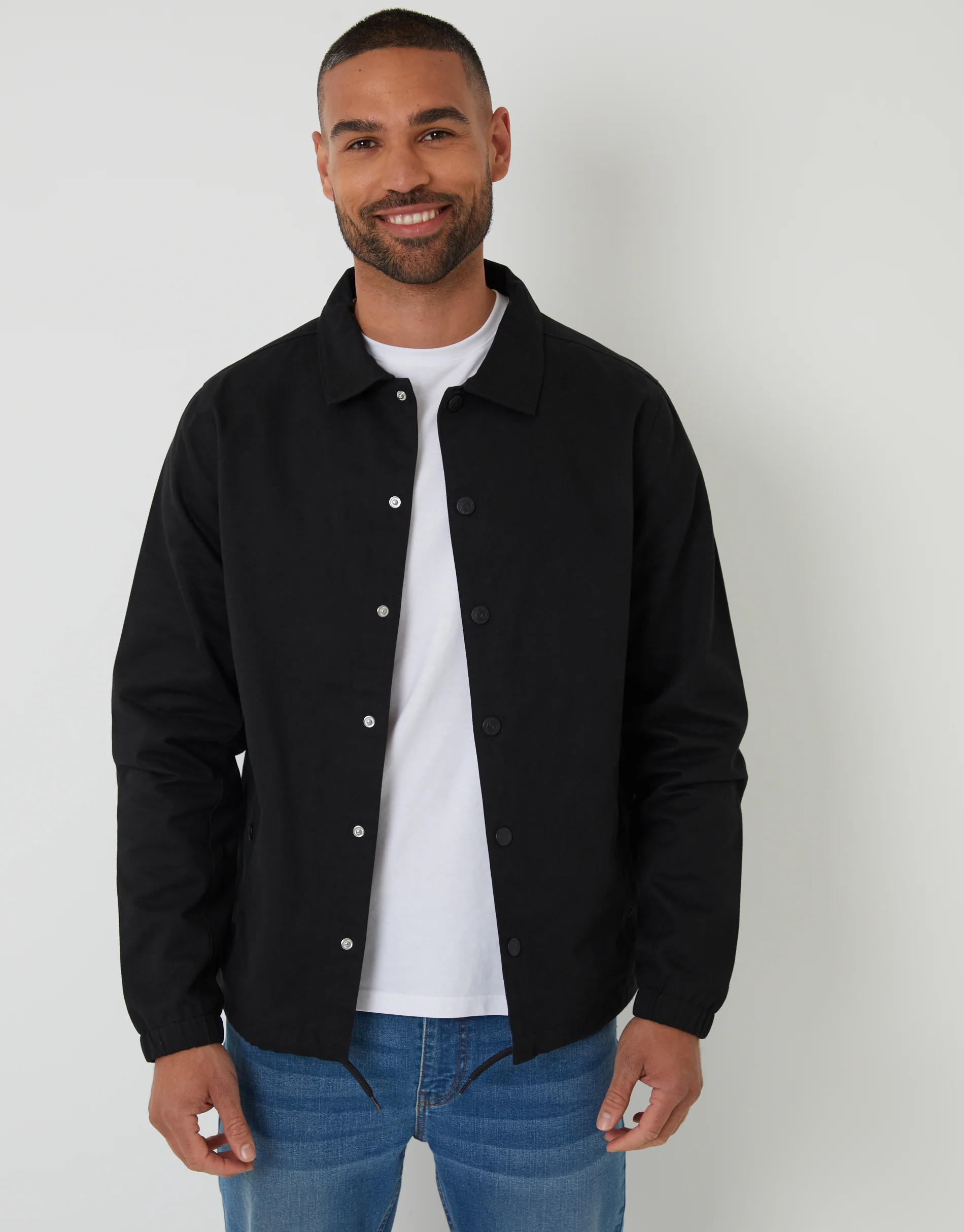 Cotton Twill Lightweight Collared Jacket in Black