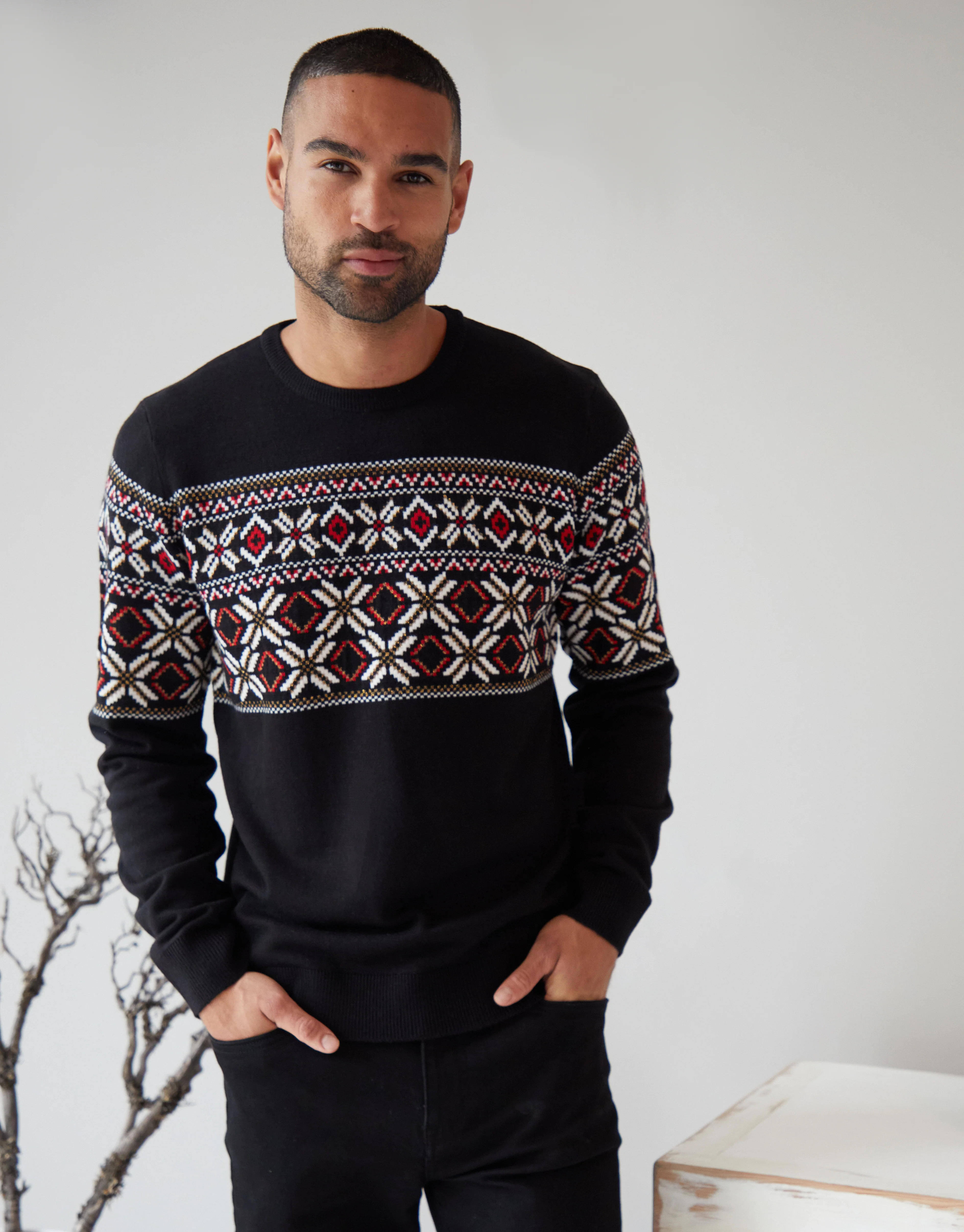Fairisle Metallic Thread Crew Neck Christmas Jumper in Black