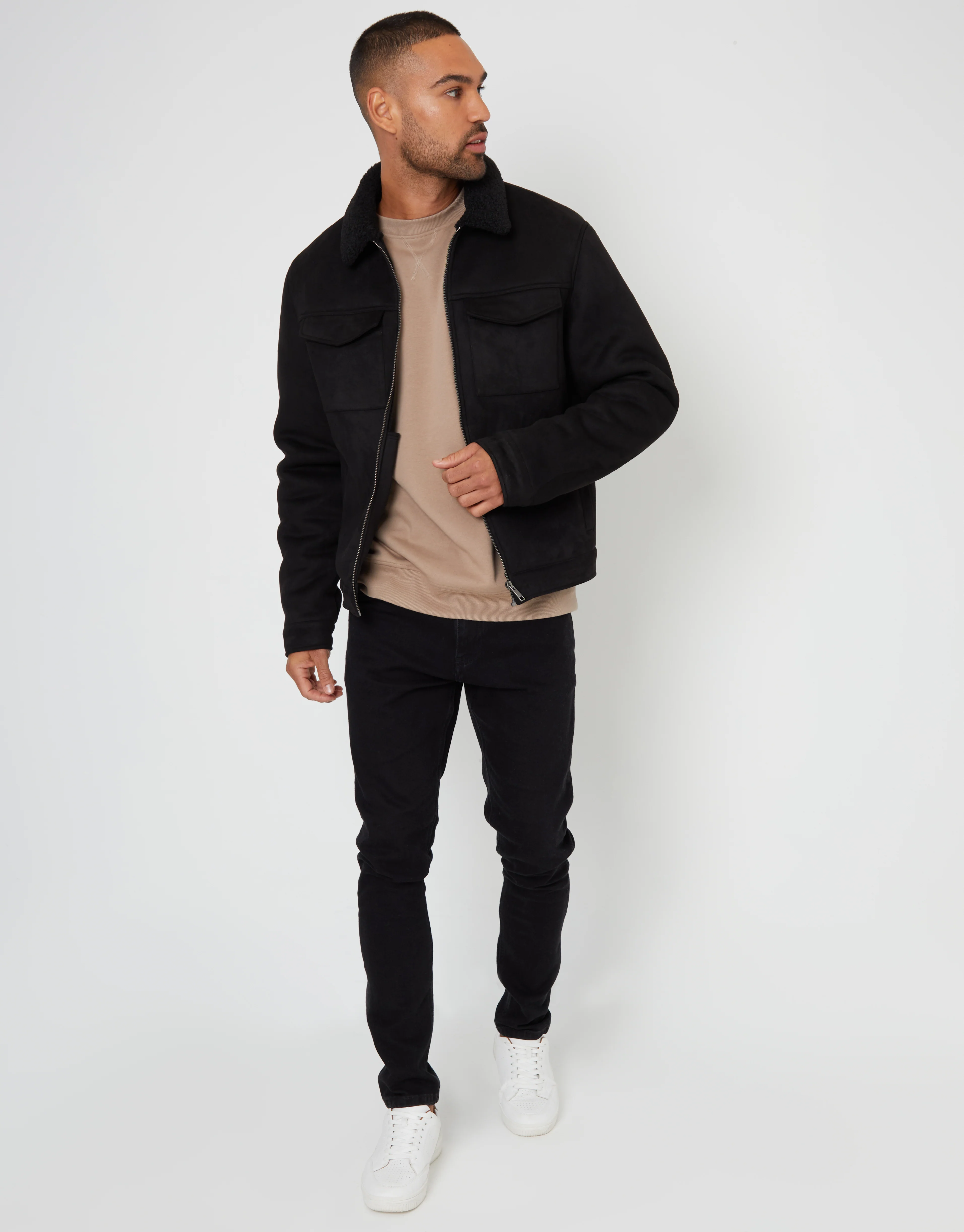 Faux Suede Borg Lined Aviator Jacket in Black - Image 3