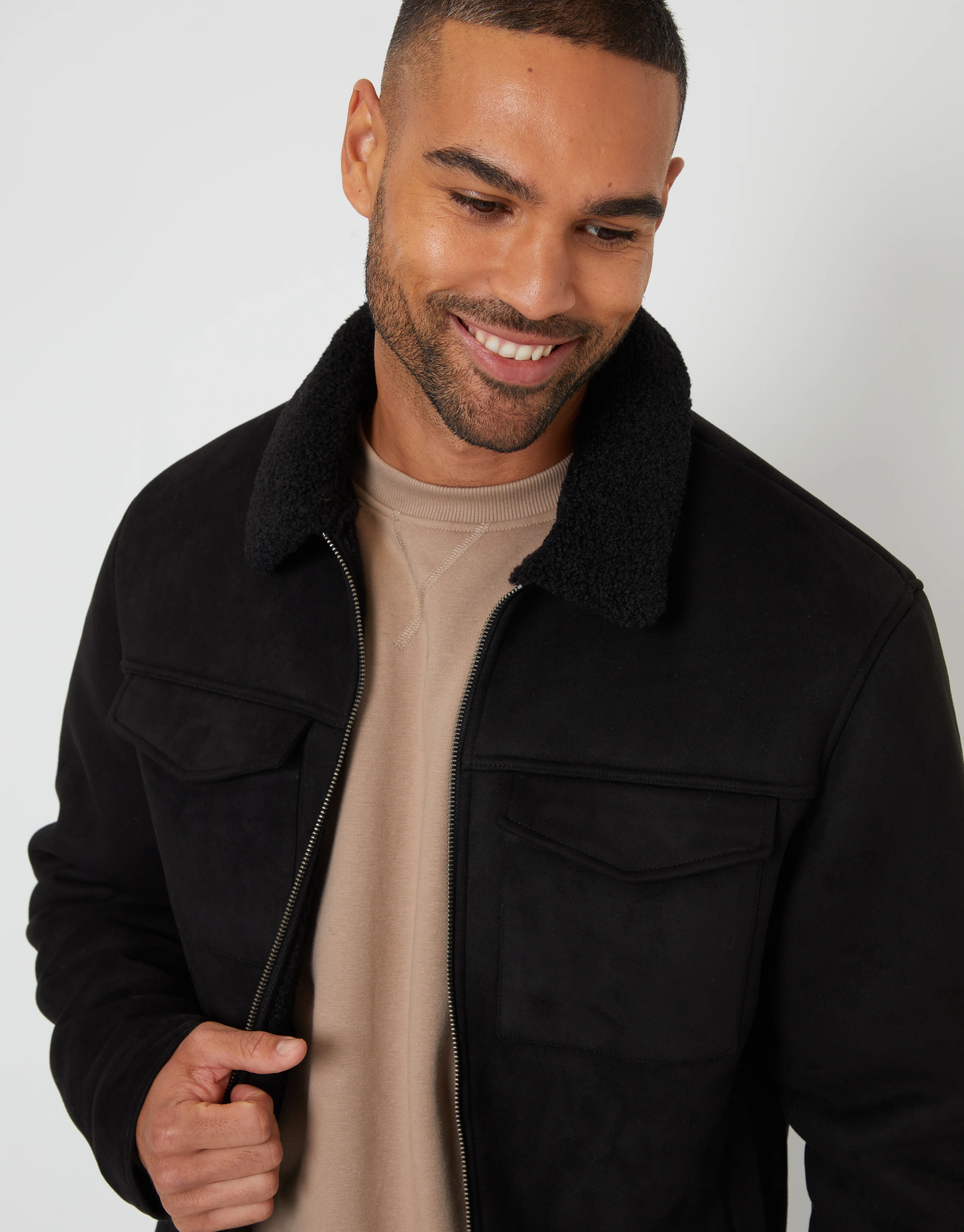 Faux Suede Borg Lined Aviator Jacket in Black - Image 4