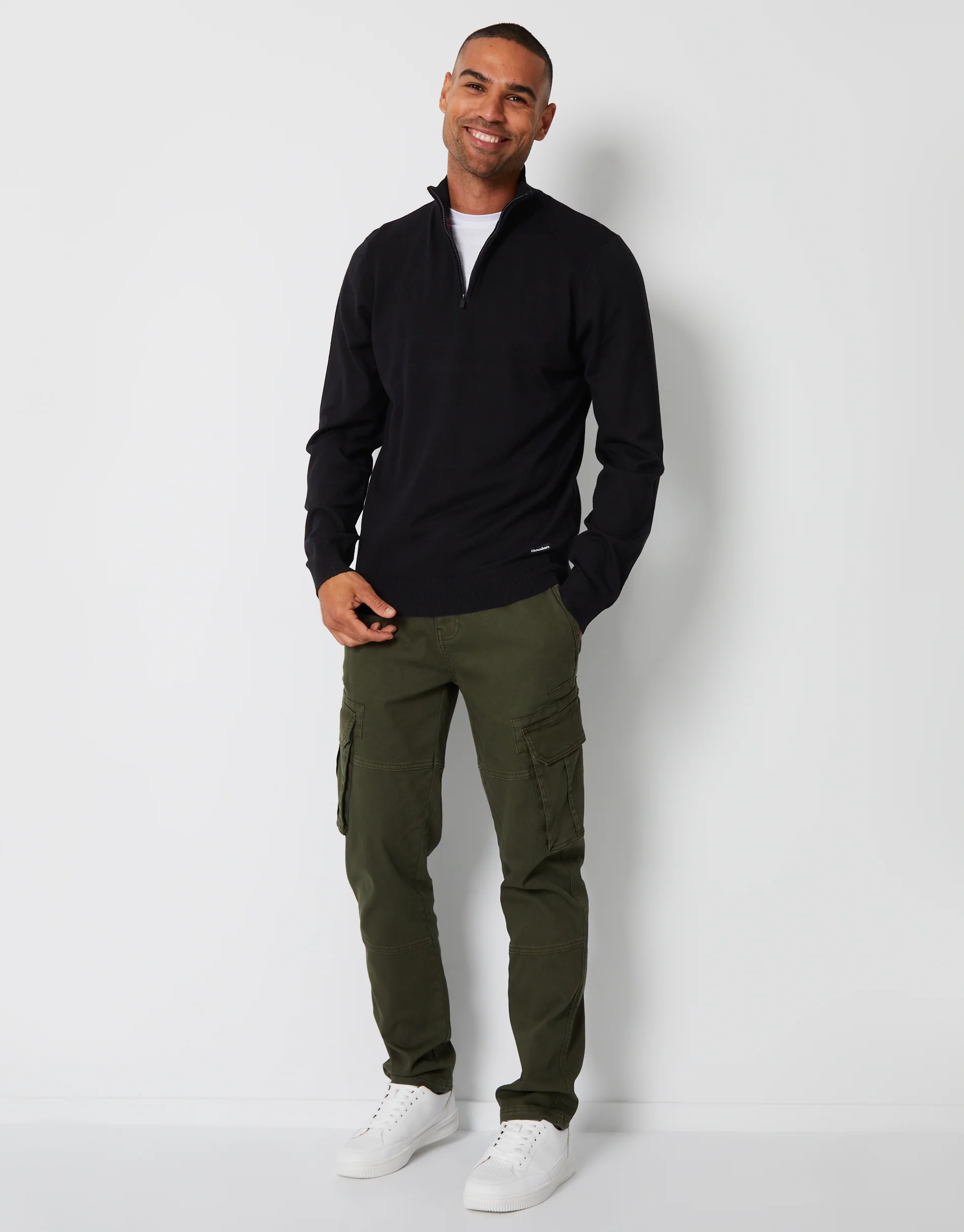 Funnel Neck Quarter Zip Knitted Jumper in Black - Image 3