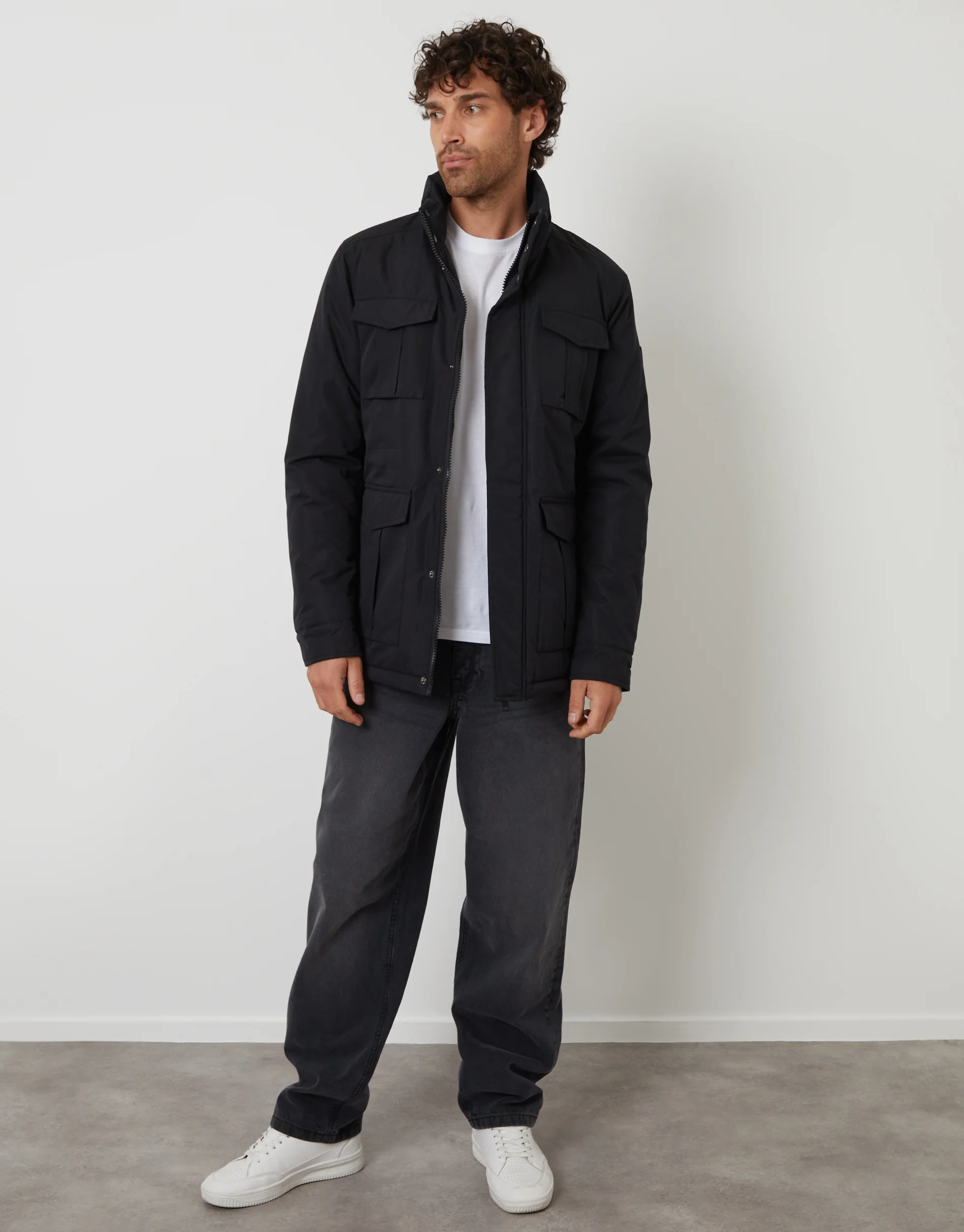 Funnel Neck Utility Coat in Black - Image 3