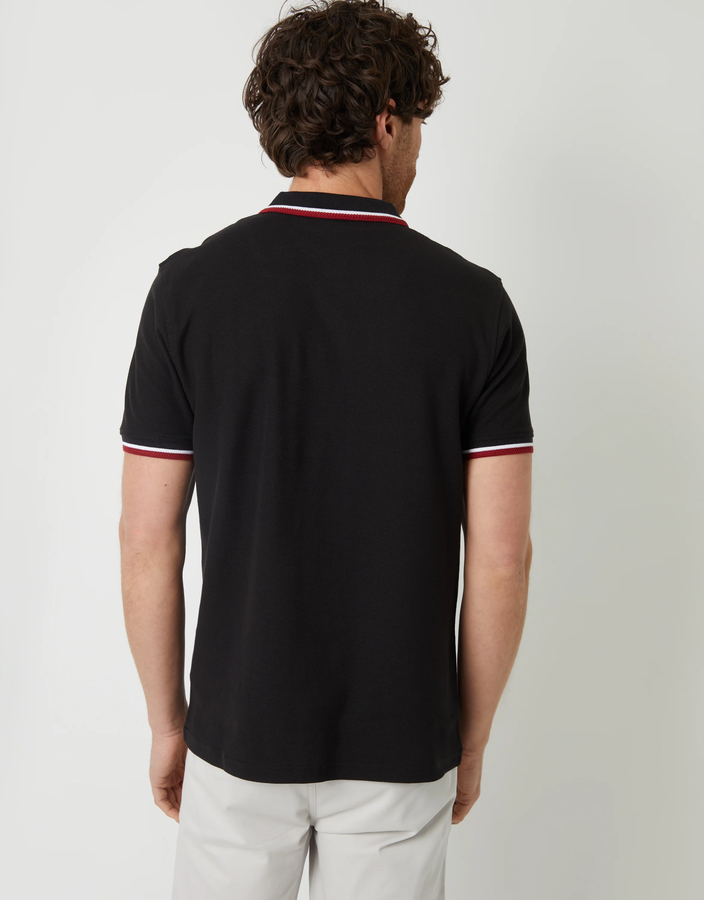 Herringbone Tipping Detail Pique Polo Shirt in Black - Image 2