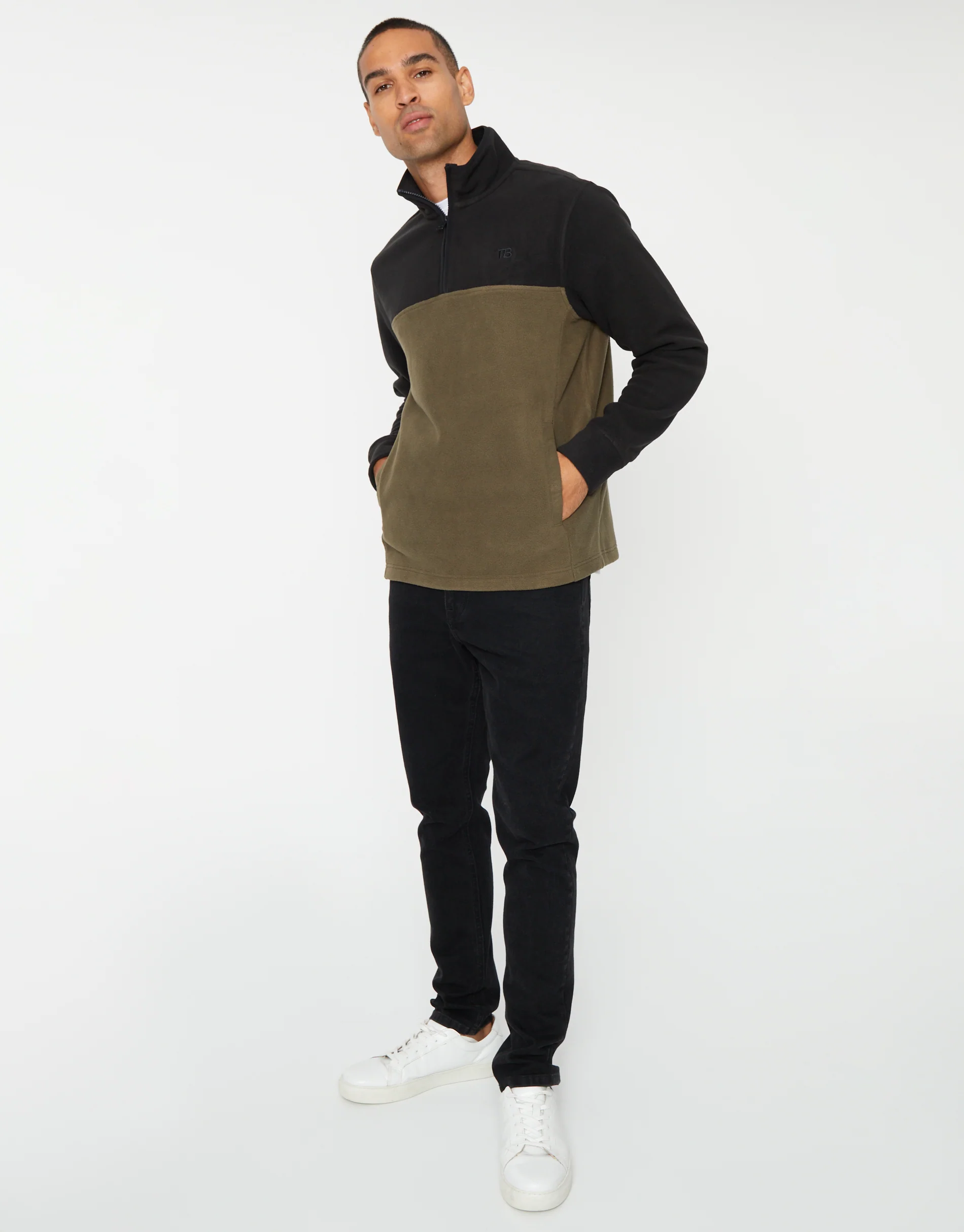 Colourblock Quarter Zip Fleece in Black & Khaki - Image 3