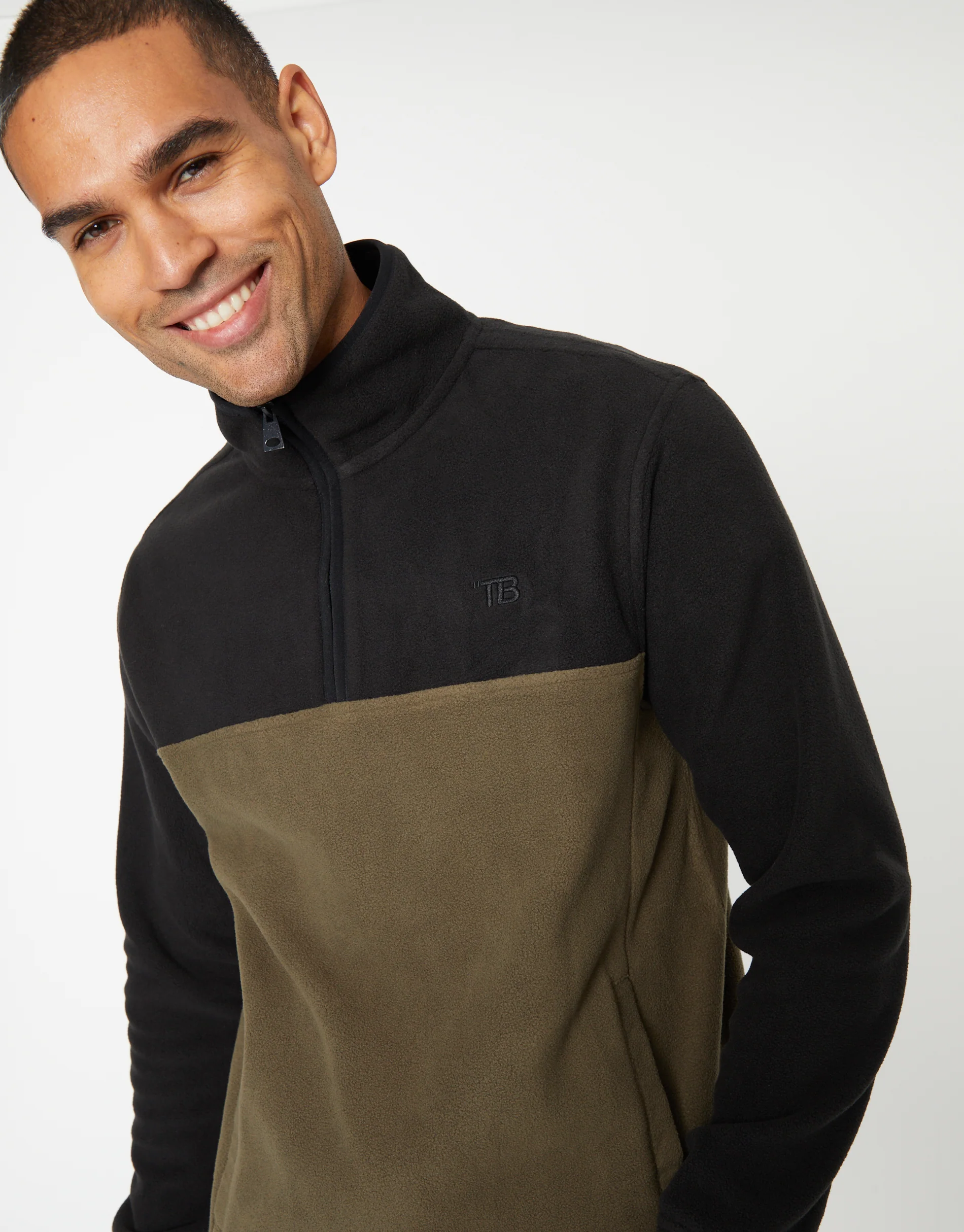 Colourblock Quarter Zip Fleece in Black & Khaki - Image 4