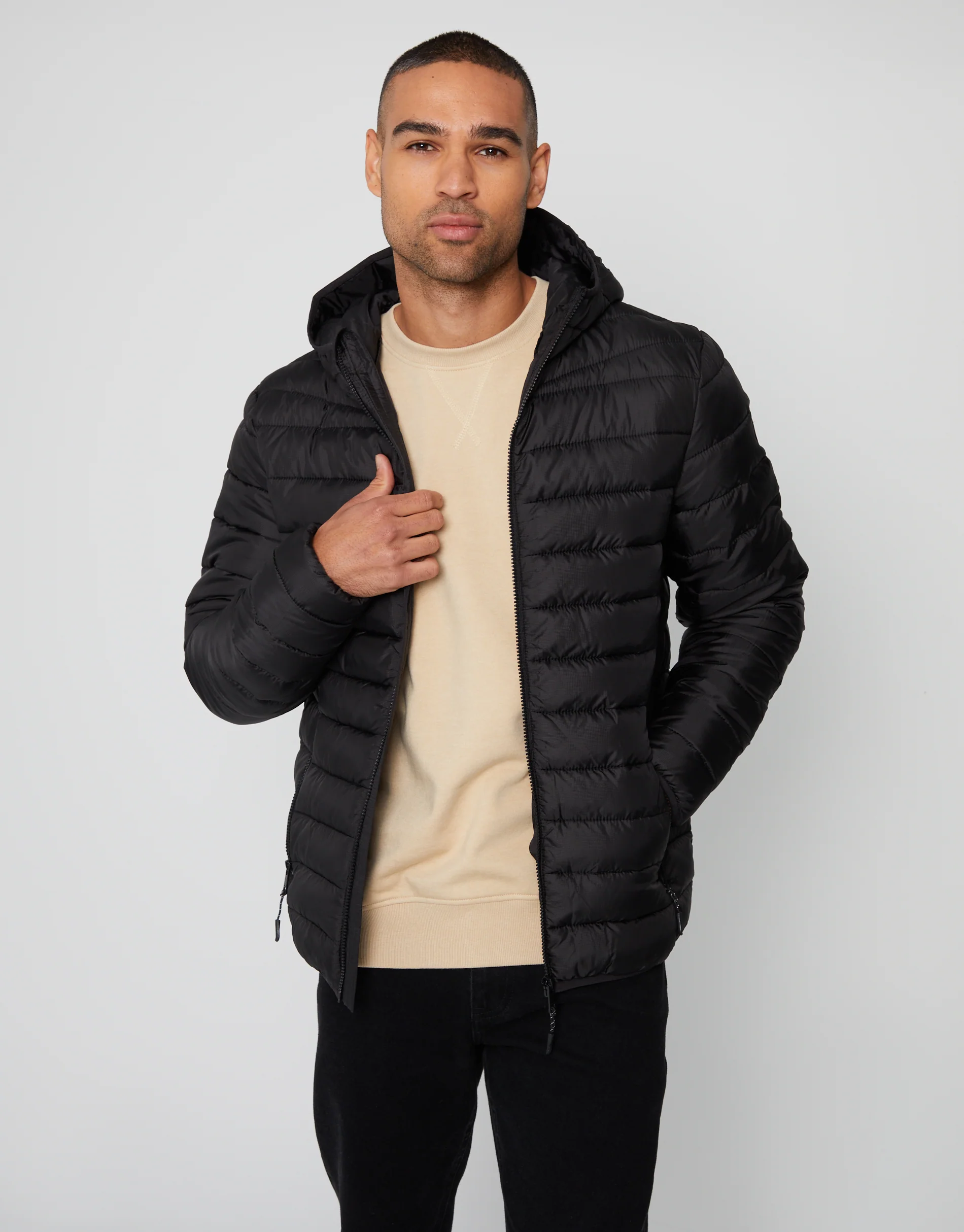Matte Finish Padded Hooded Jacket in Black - Image 4