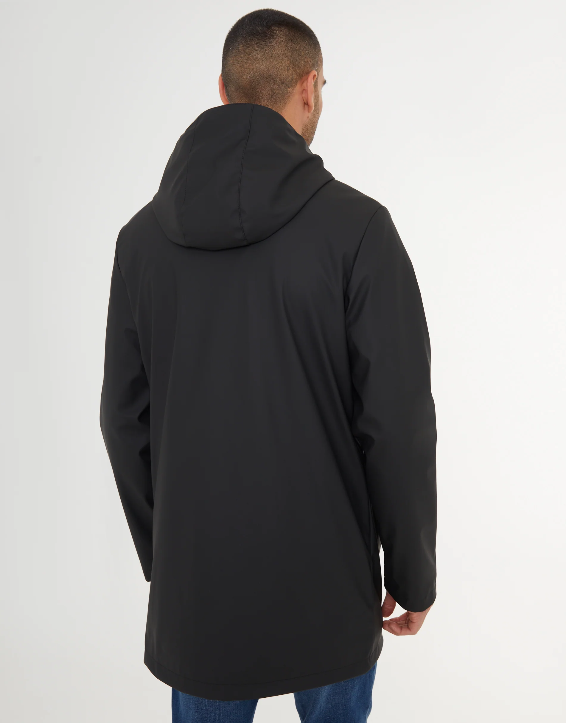 Microfleece Lined Longline Hooded Raincoat in Black - Image 2