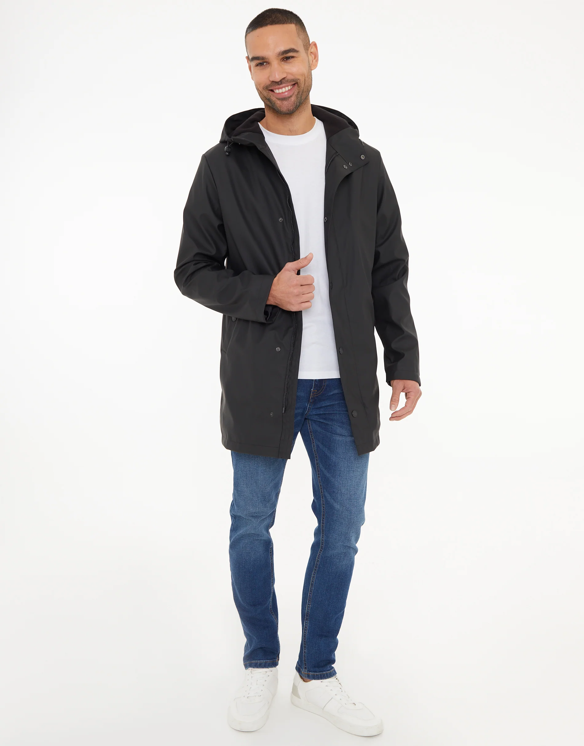 Microfleece Lined Longline Hooded Raincoat in Black - Image 3