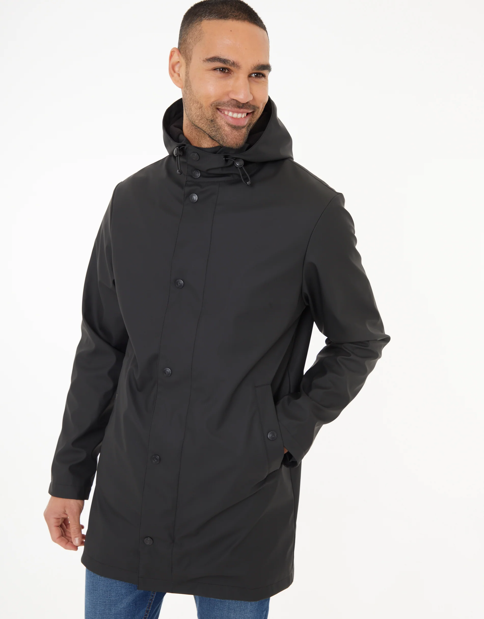 Microfleece Lined Longline Hooded Raincoat in Black - Image 5