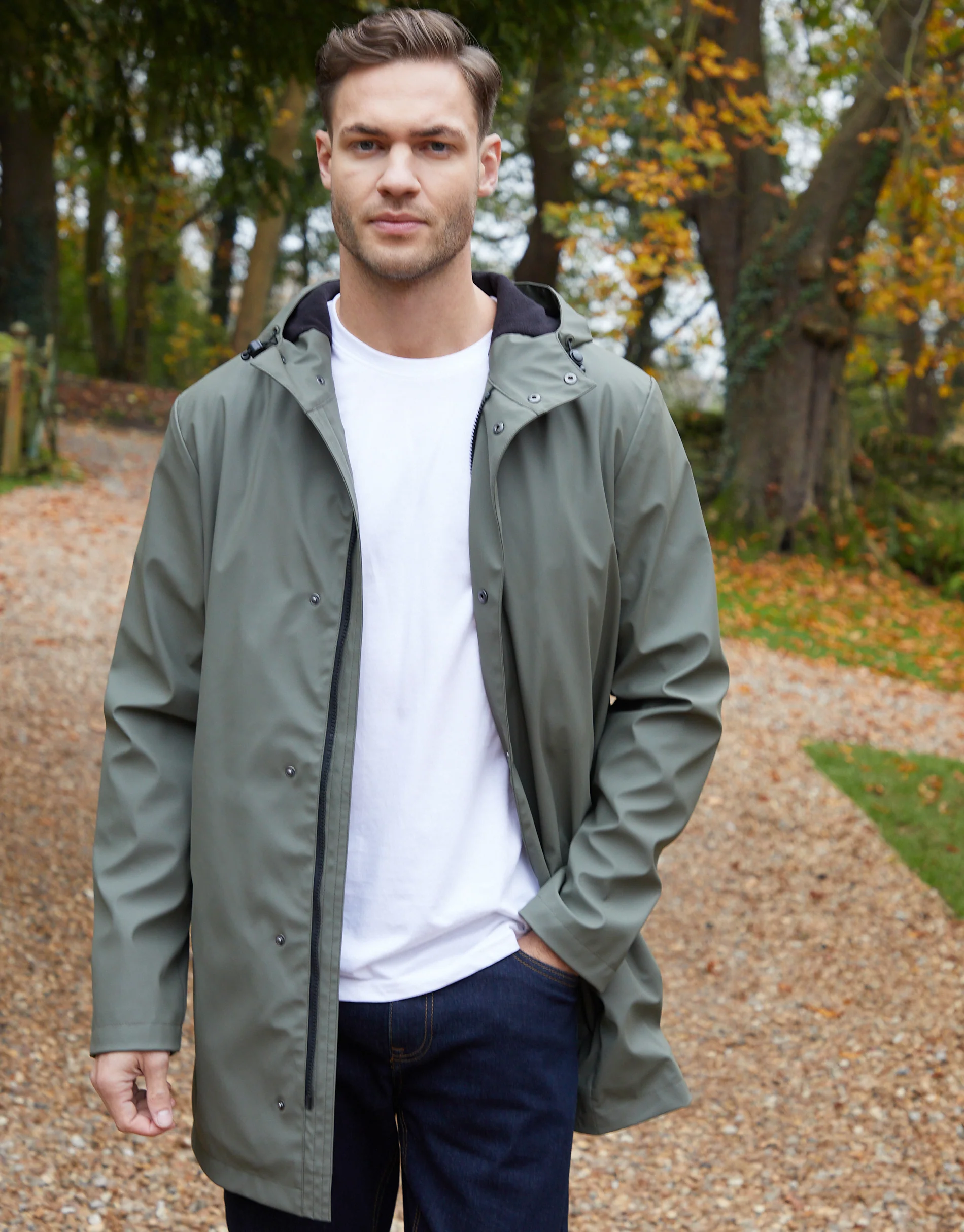 Microfleece Lined Longline Hooded Raincoat in Khaki Green
