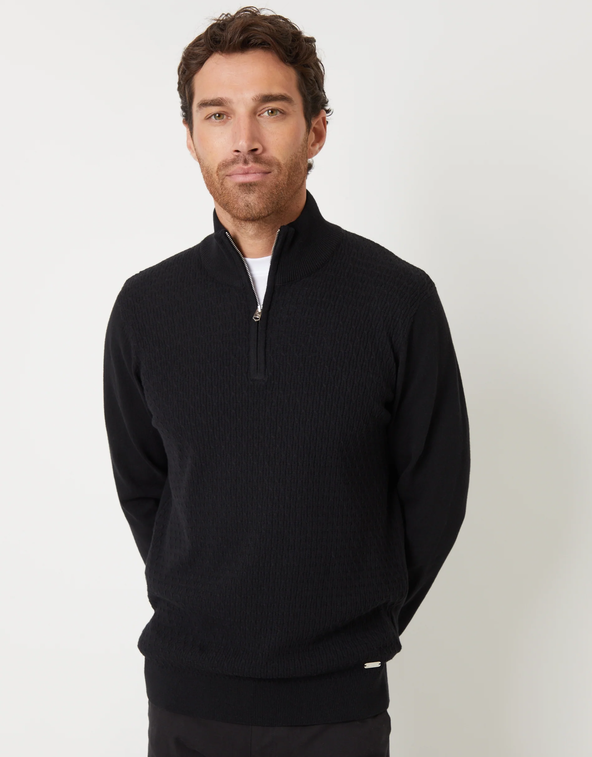 Mini Cable Knit Quarter Zip Jumper in Black