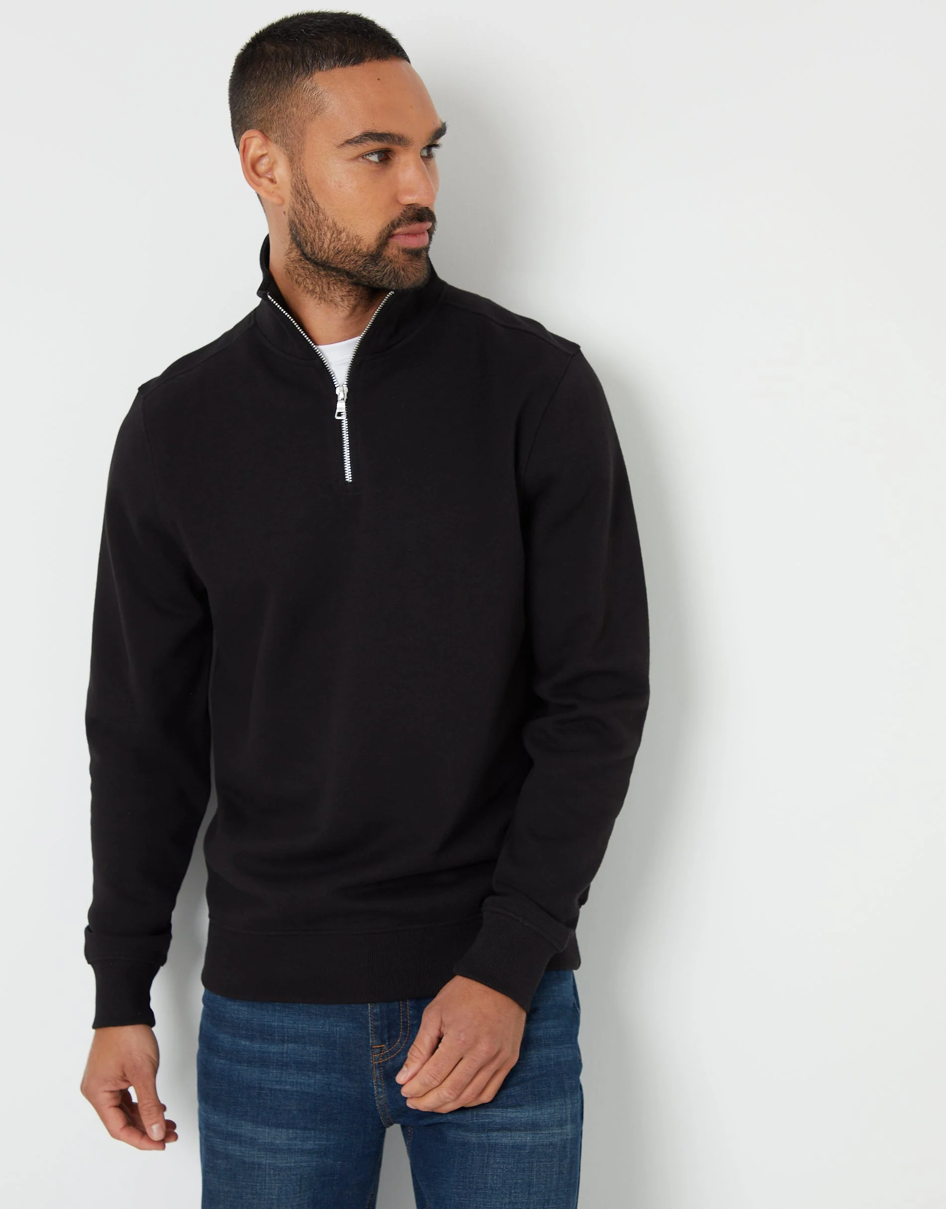 Pique Quarter Zip Funnel Neck Sweatshirt in Black