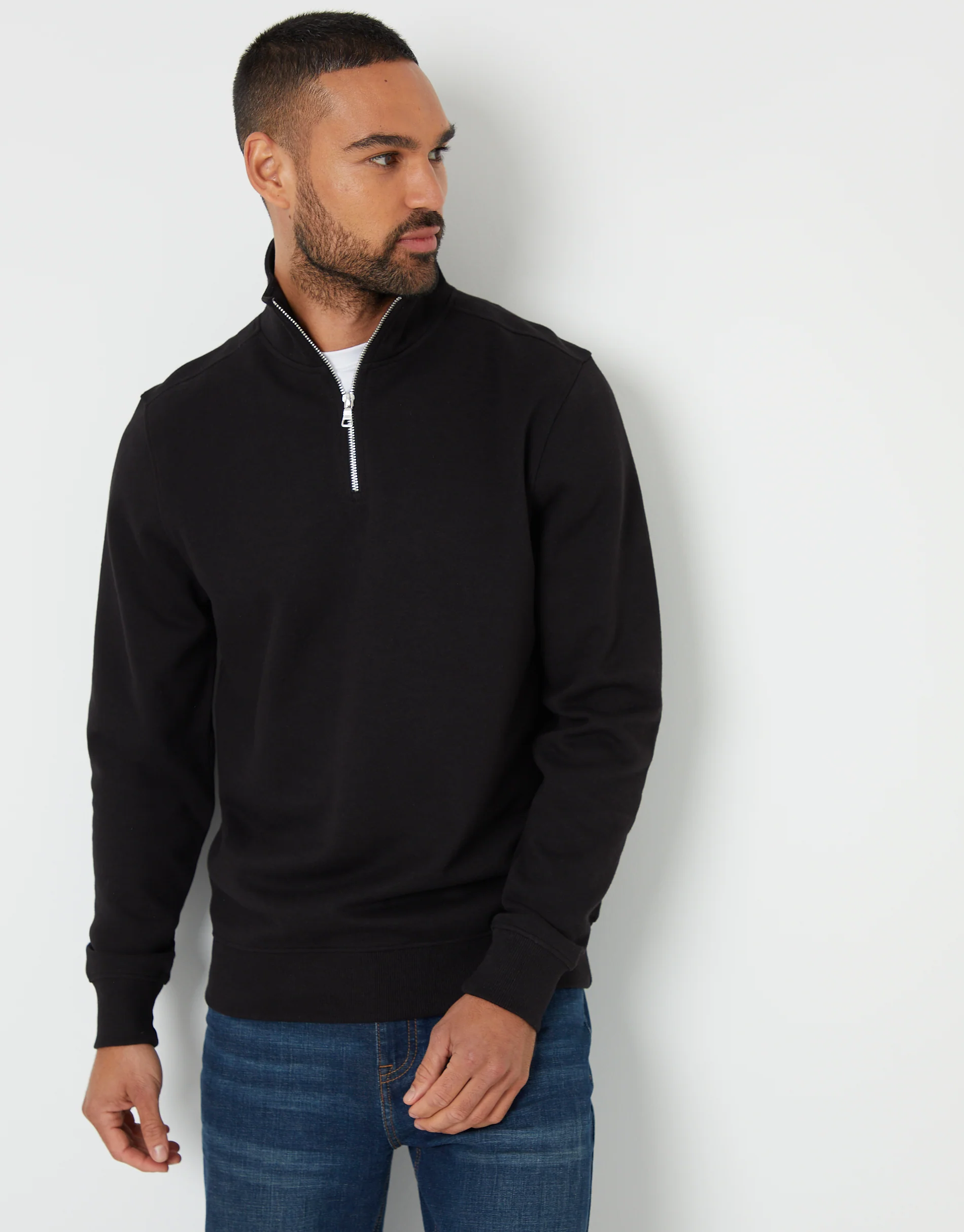 Pique Quarter Zip Funnel Neck Sweatshirt in Black - Image 2