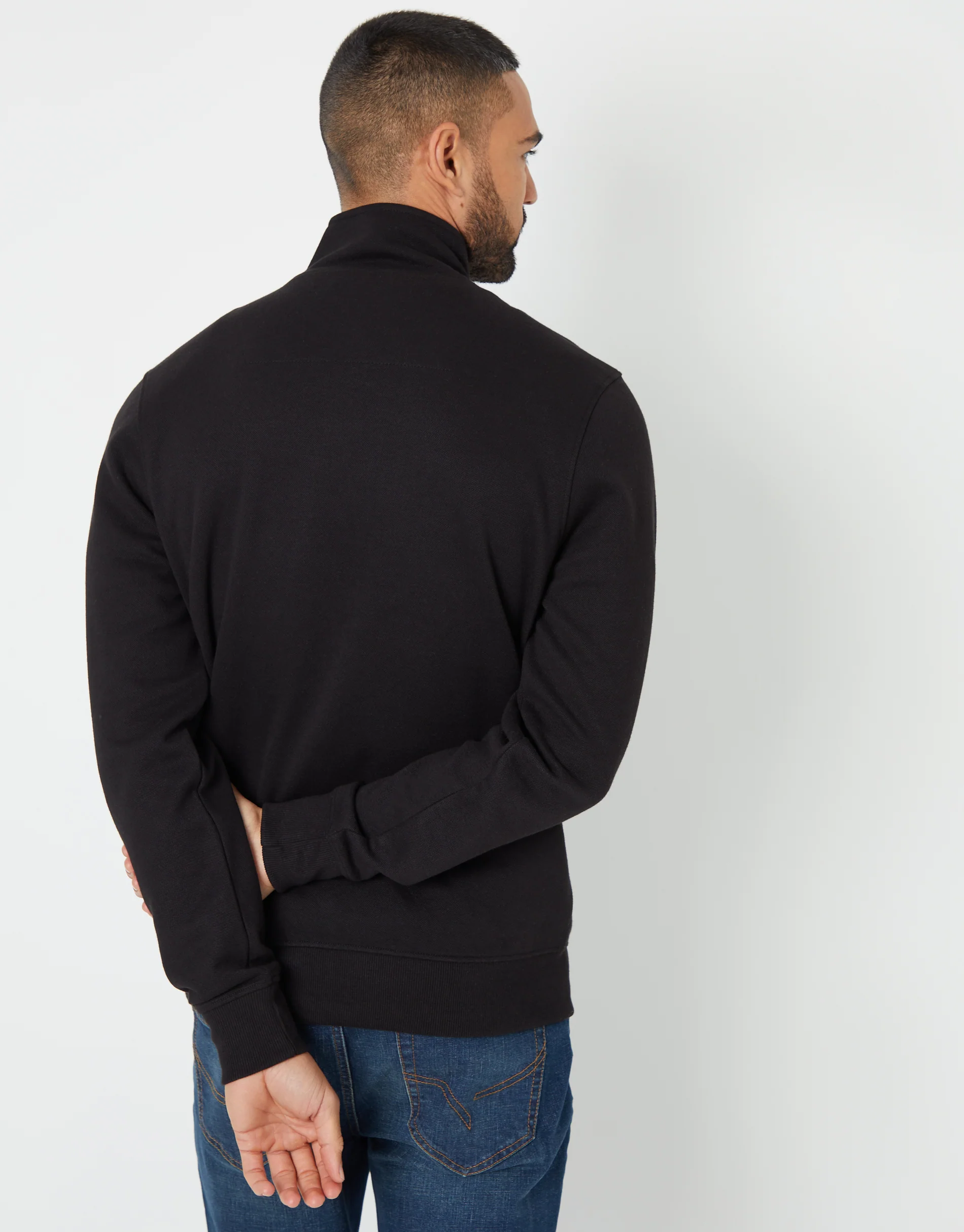 Pique Quarter Zip Funnel Neck Sweatshirt in Black - Image 3