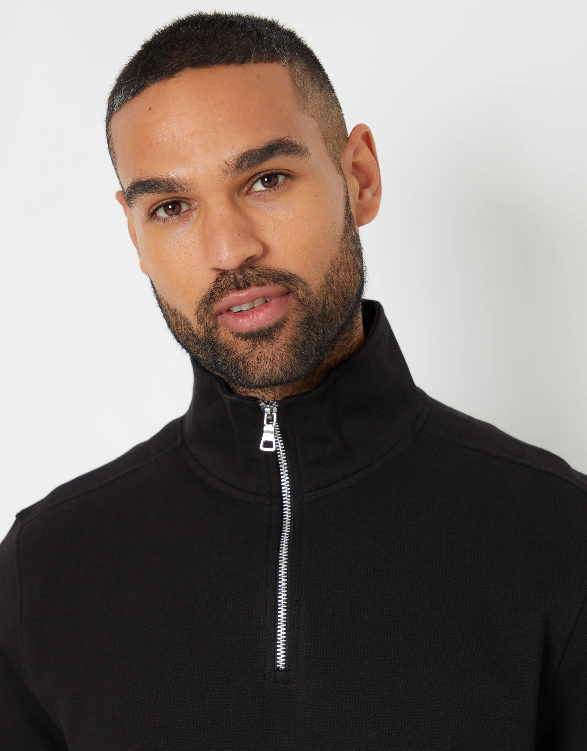 Pique Quarter Zip Funnel Neck Sweatshirt in Black - Image 5