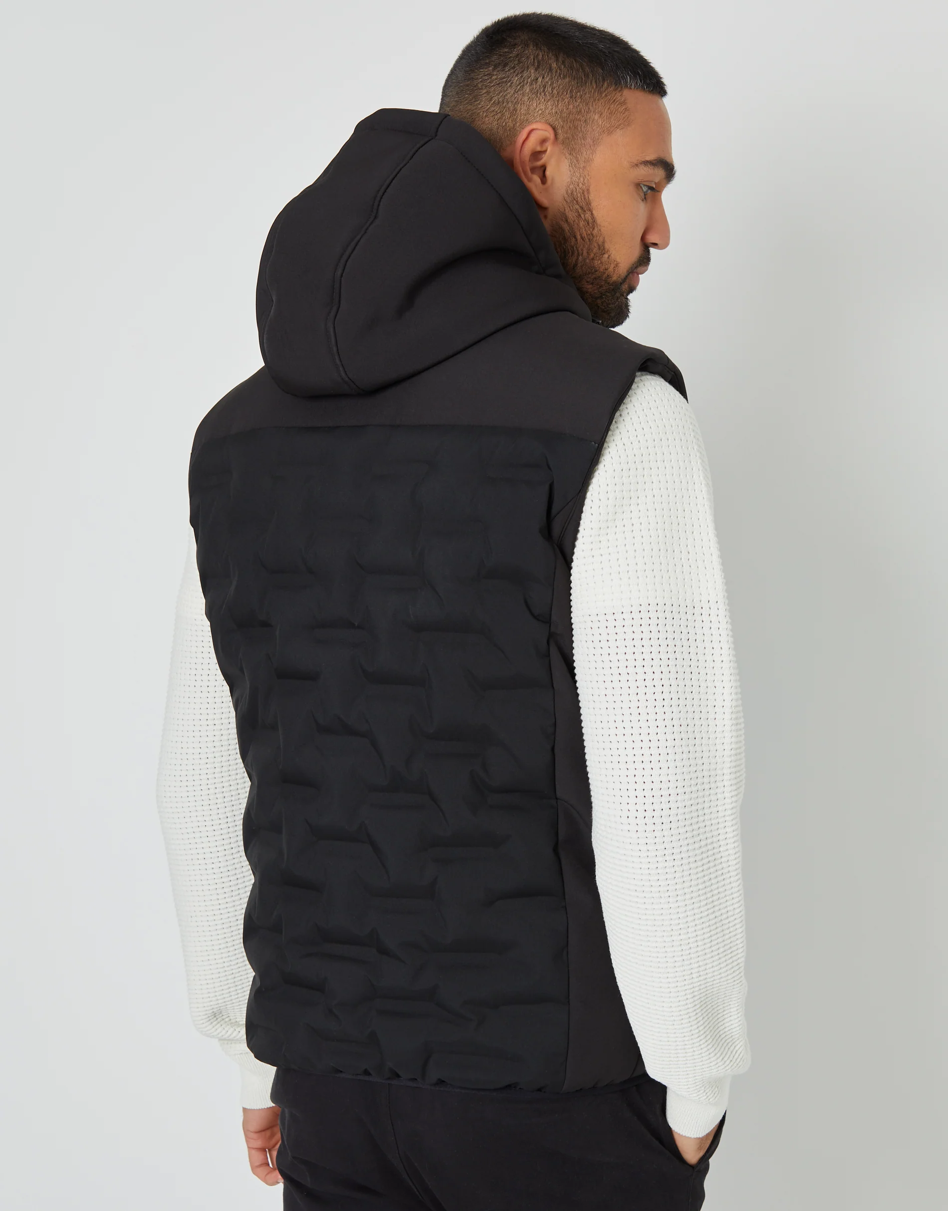 Quilted Panel Hooded Gilet in Black - Image 2