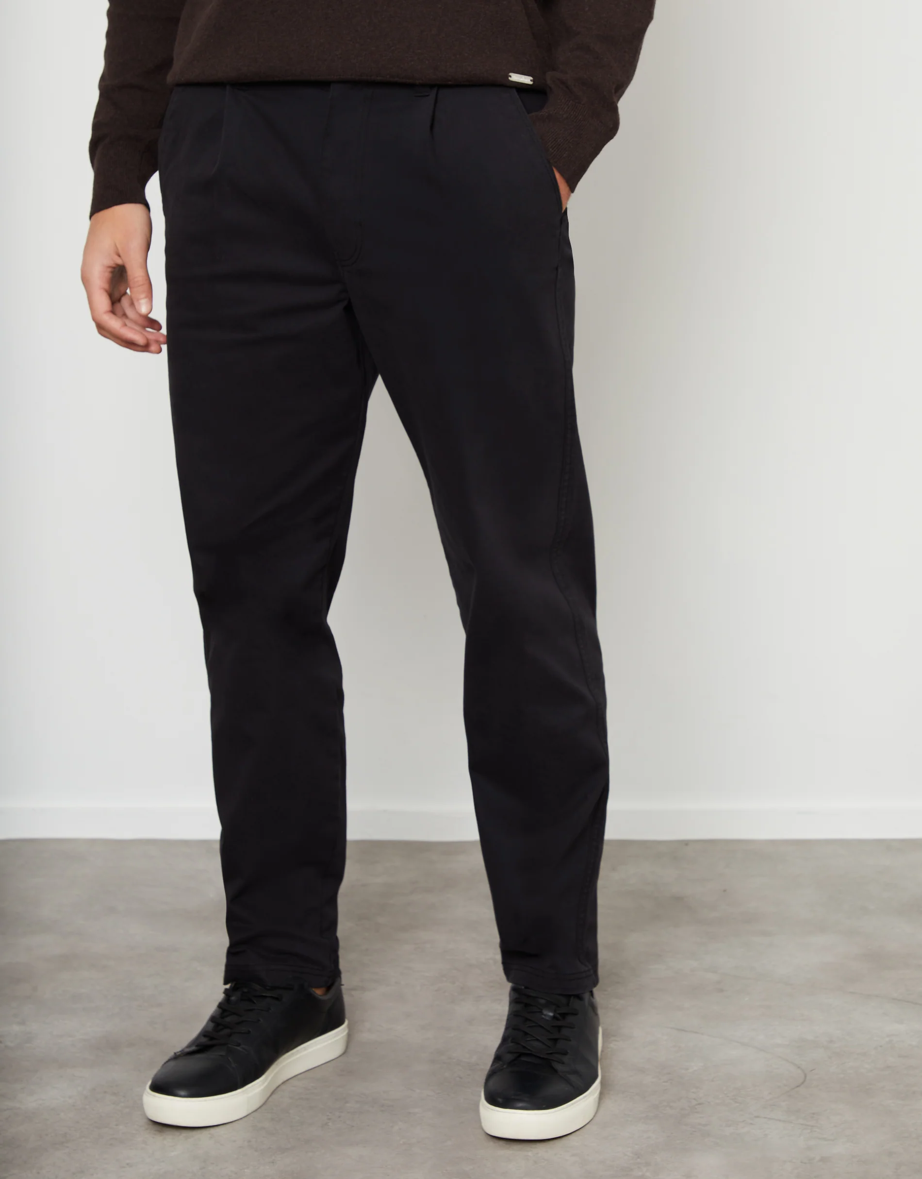 Straight Leg Pleated Chino Trousers in Black - Image 2