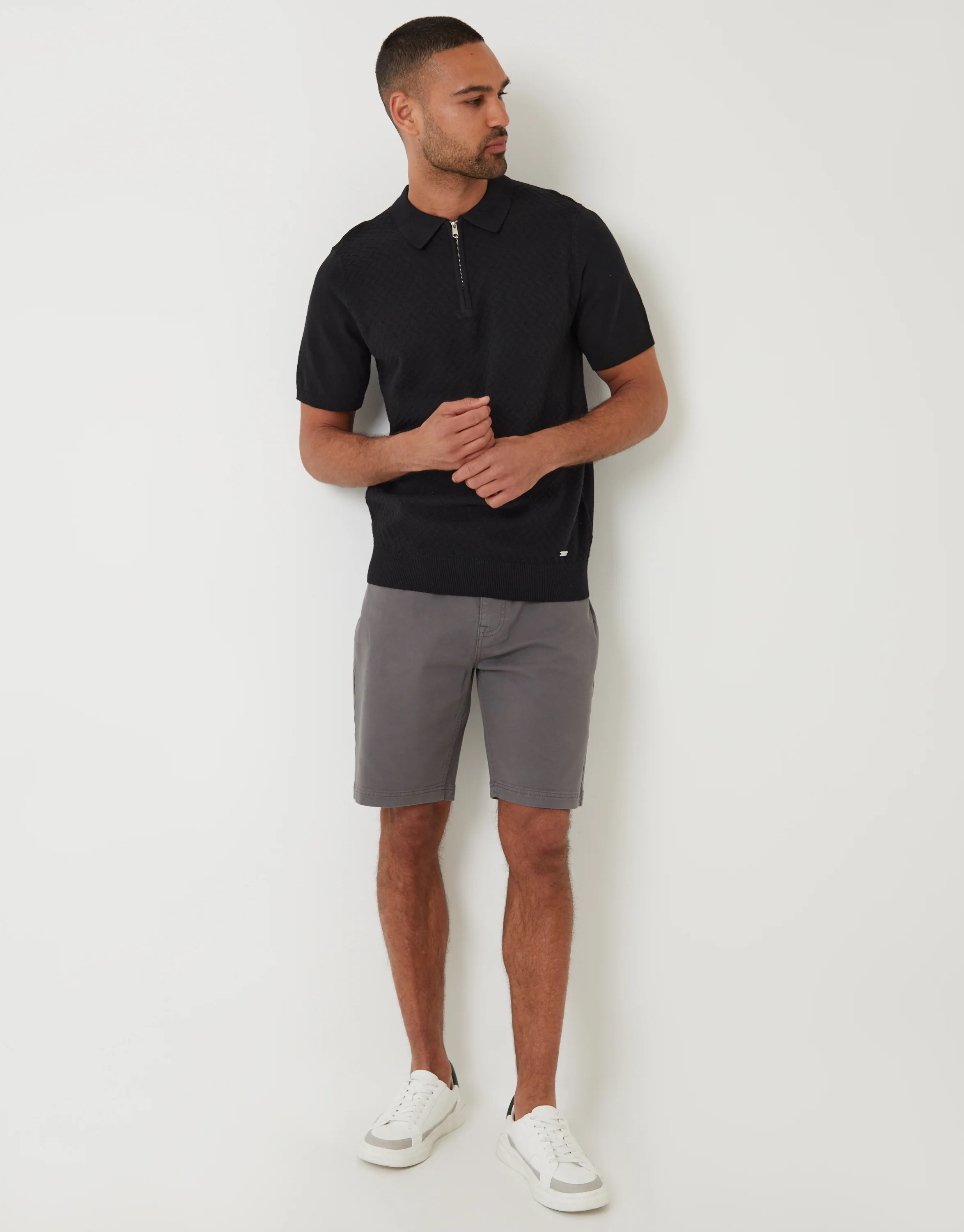 Textured Front Quarter Zip Knitted Polo in Black - Image 3
