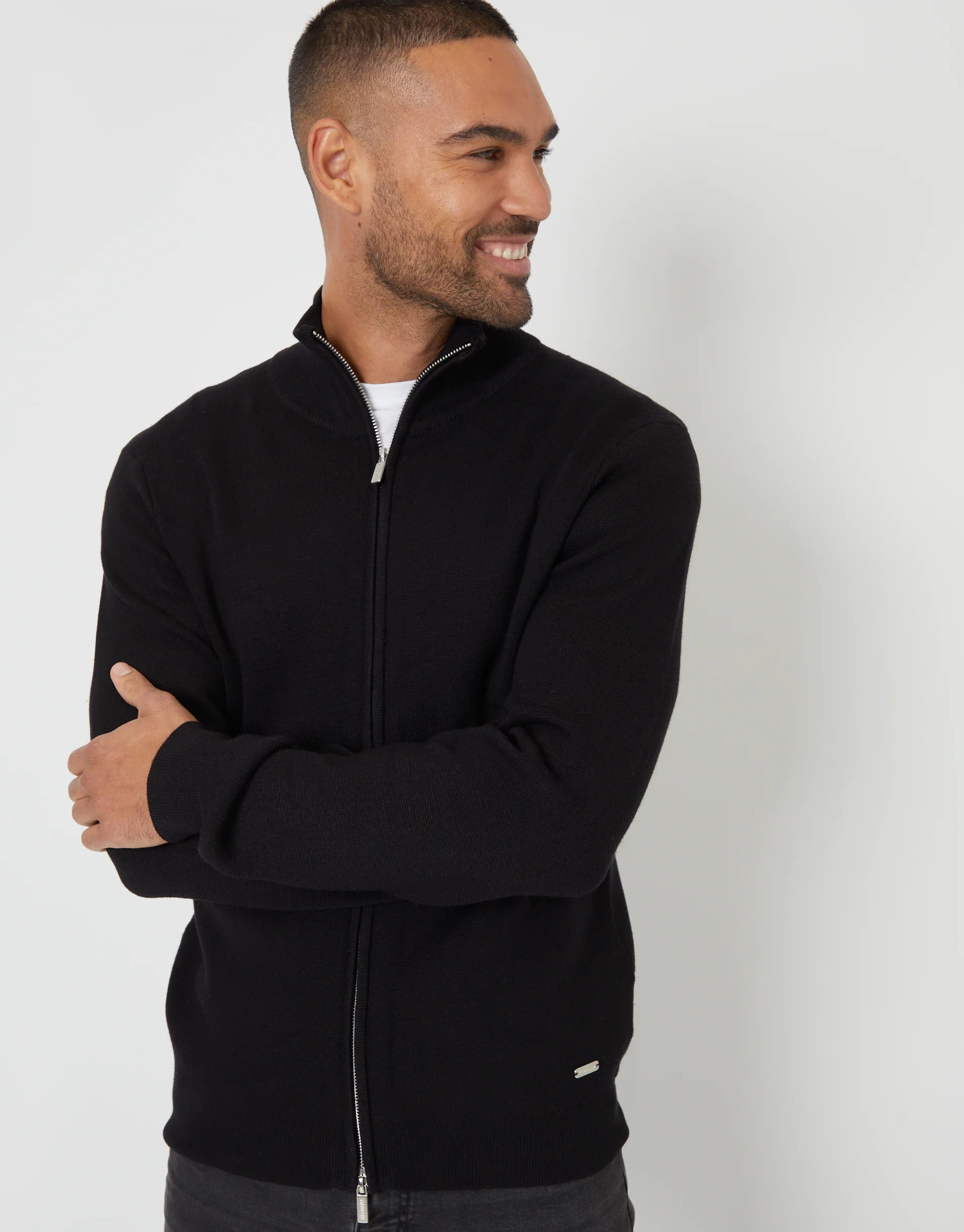 Zip-Through Funnel Neck Knitted Cardigan in Black - Image 5