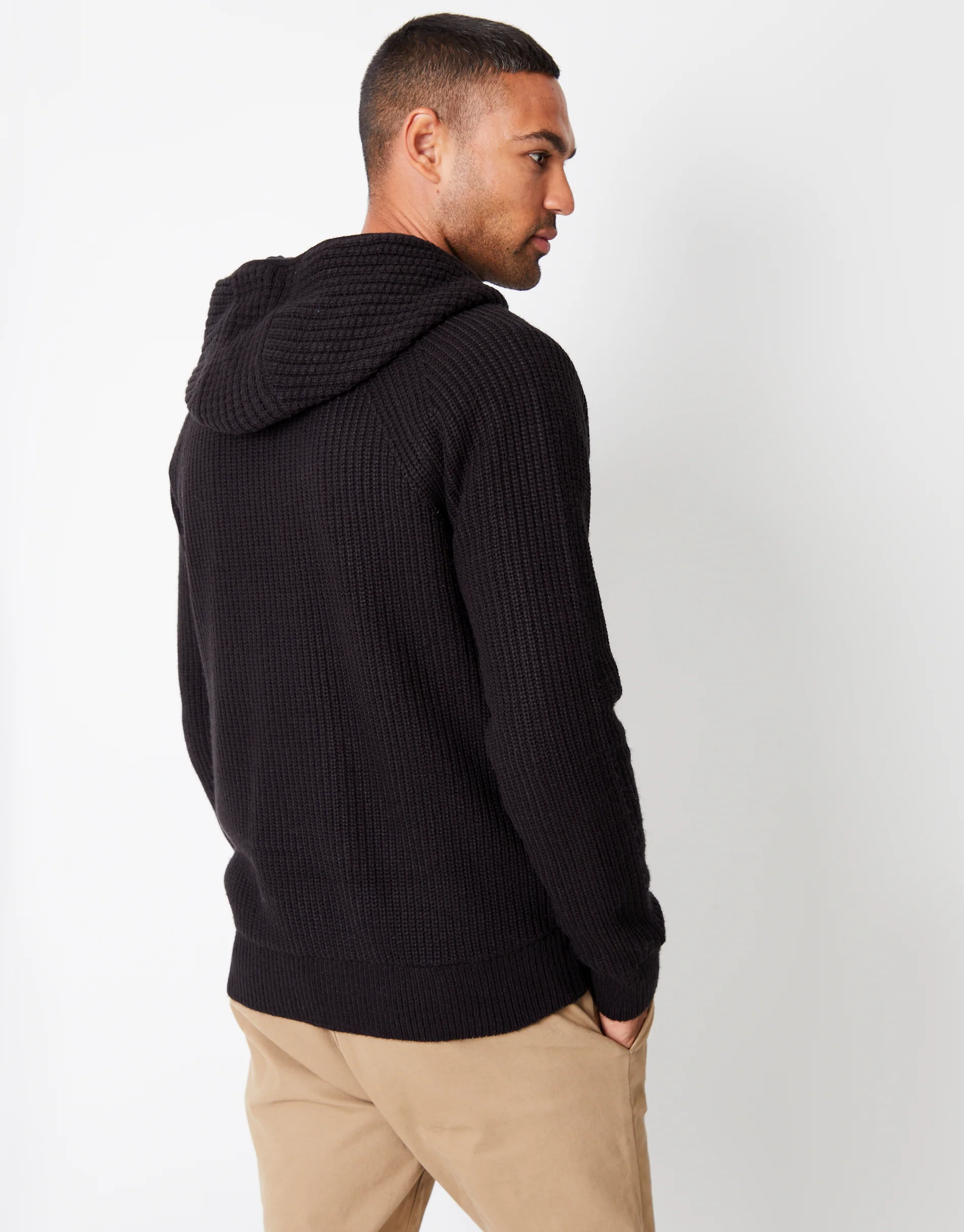 Zip Up Knitted Microfleece Lined Hoodie in Black - Image 2