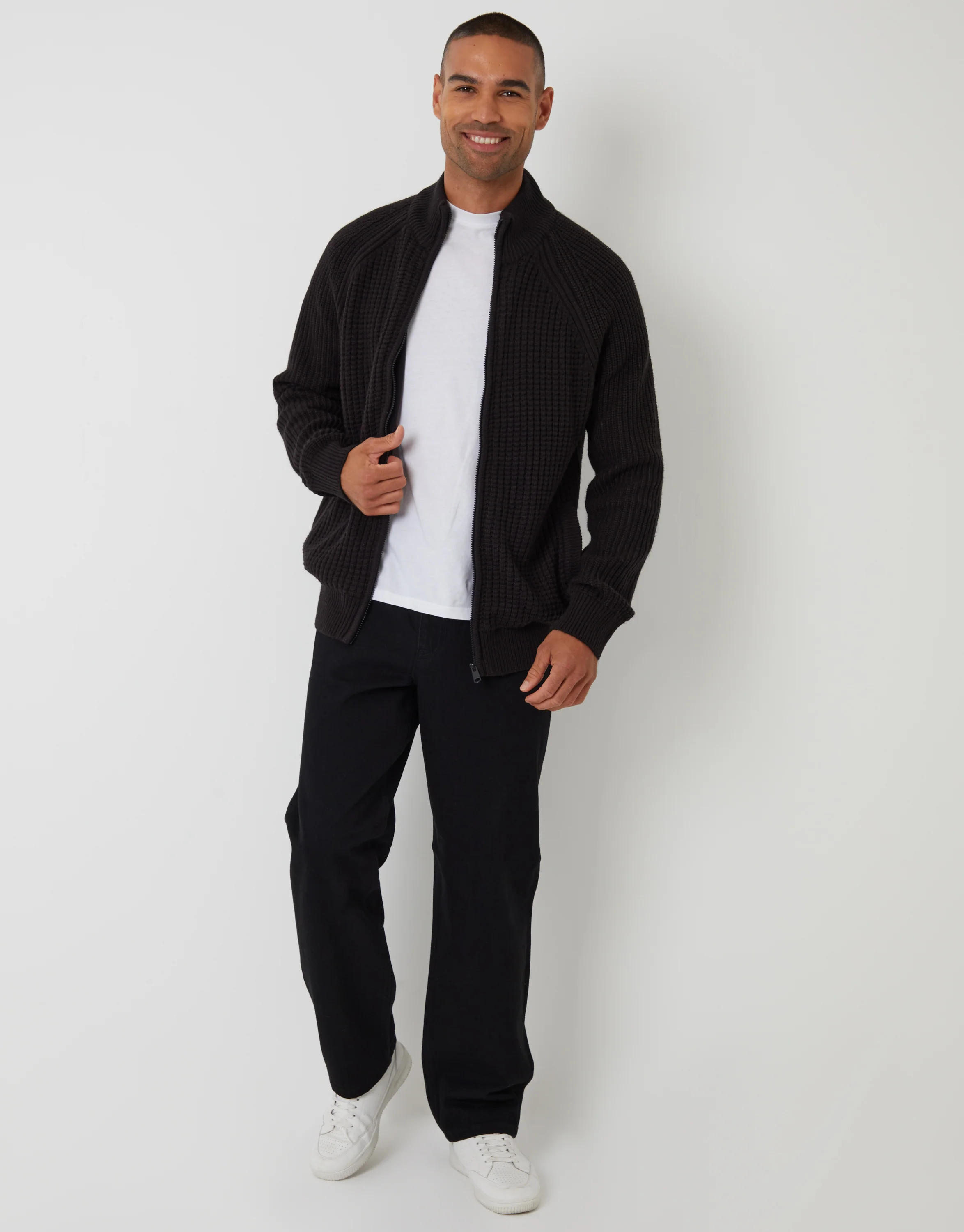 Zip Up Microfleece Lined Cardigan in Black - Image 3