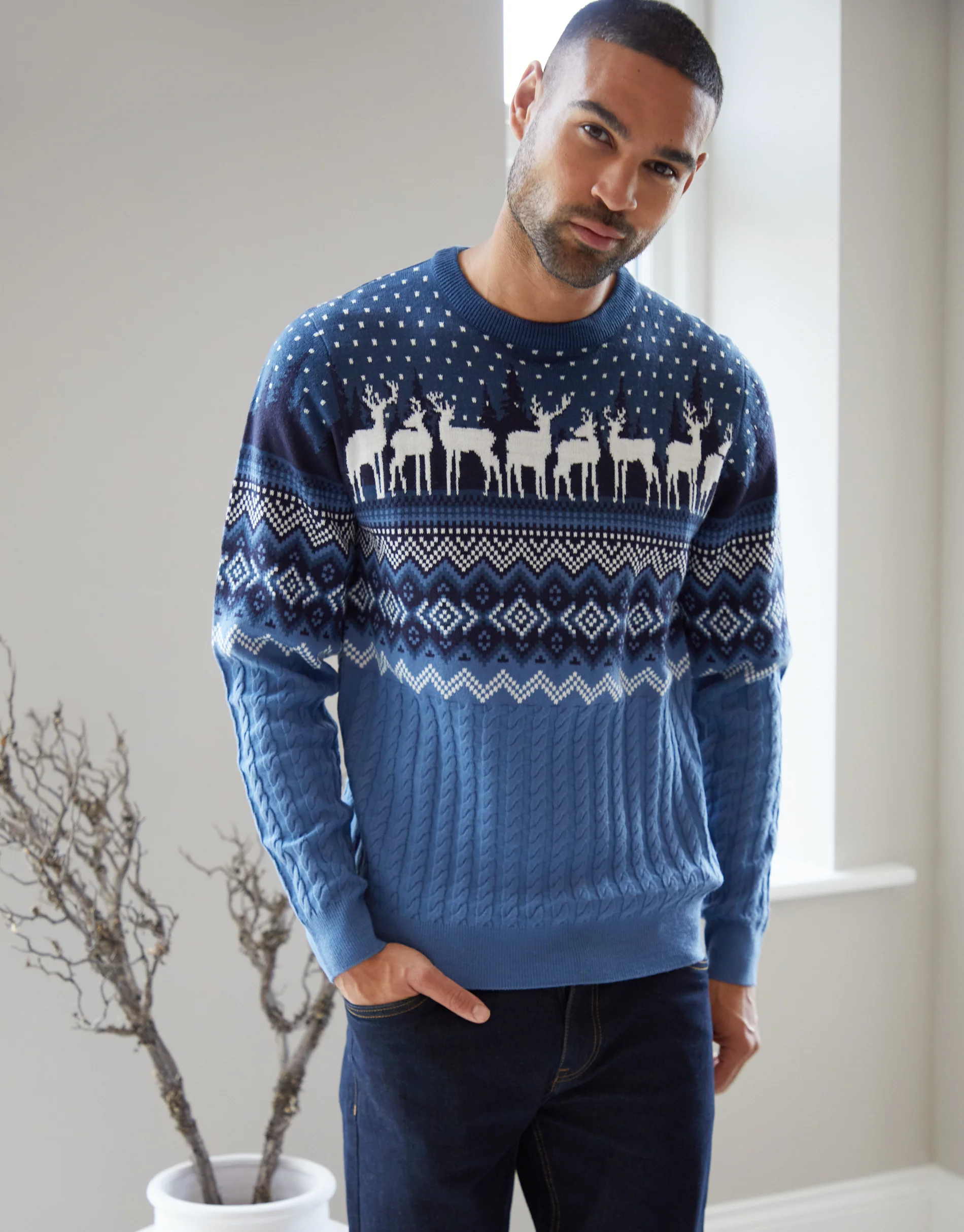 Cable Knit Fairisle Crew Neck Christmas Jumper in Blue