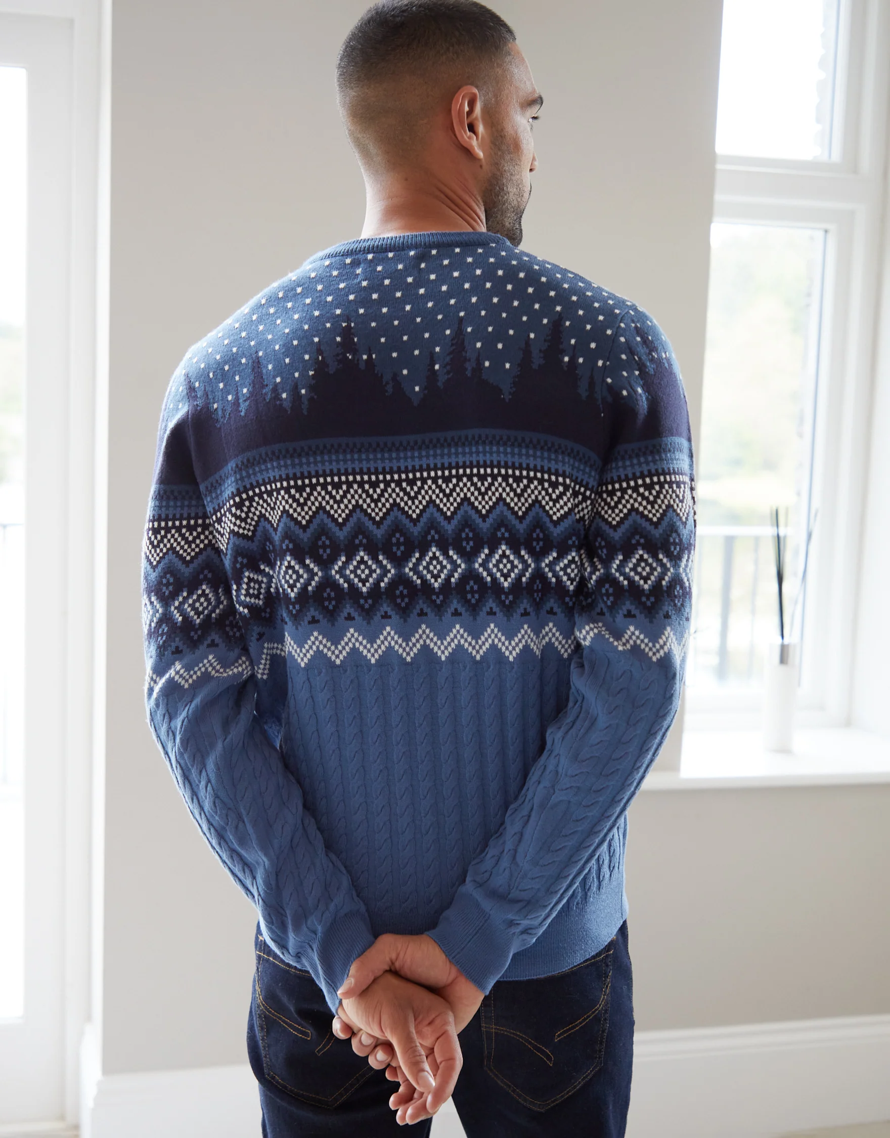 Cable Knit Fairisle Crew Neck Christmas Jumper in Blue - Image 2