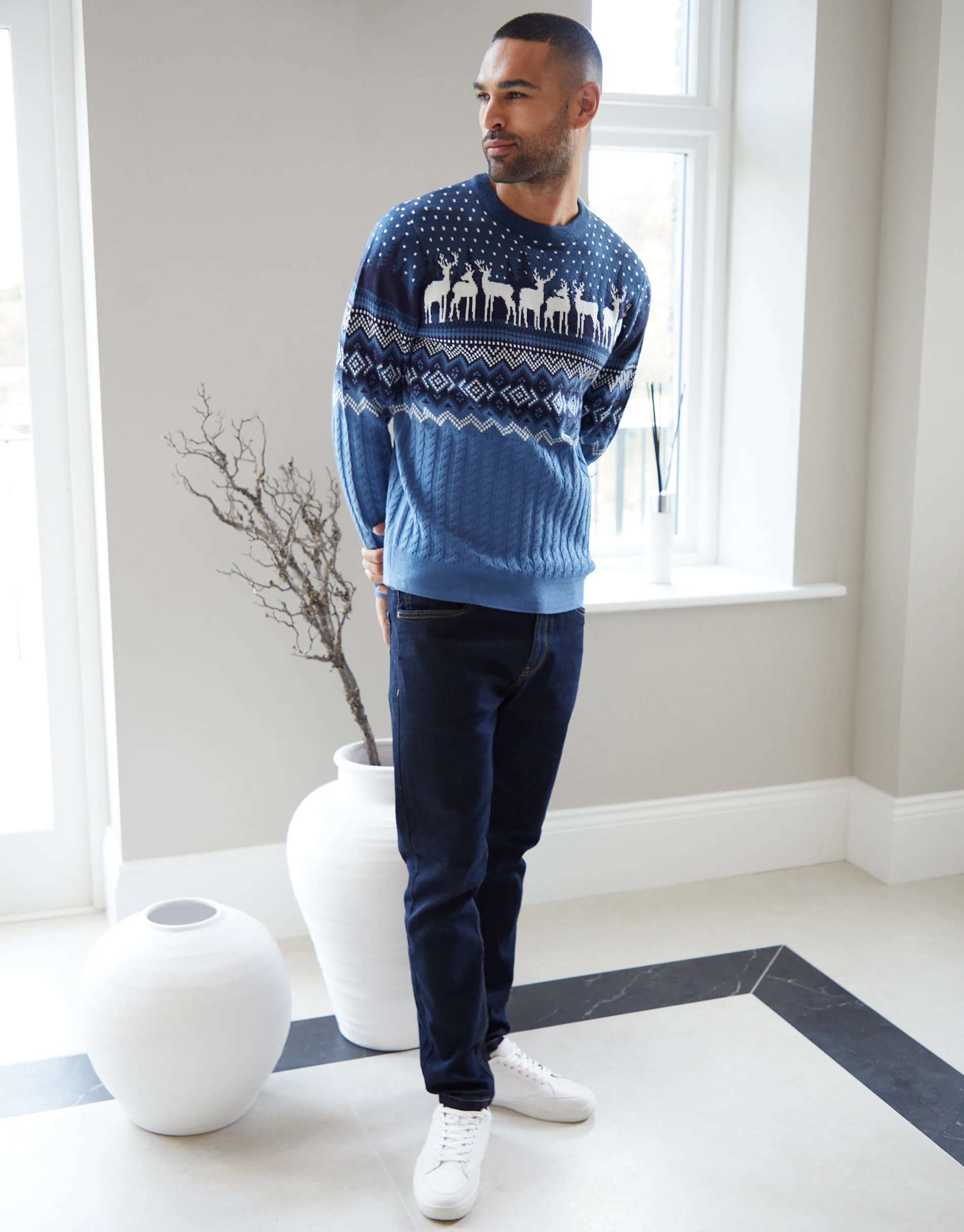 Cable Knit Fairisle Crew Neck Christmas Jumper in Blue - Image 3