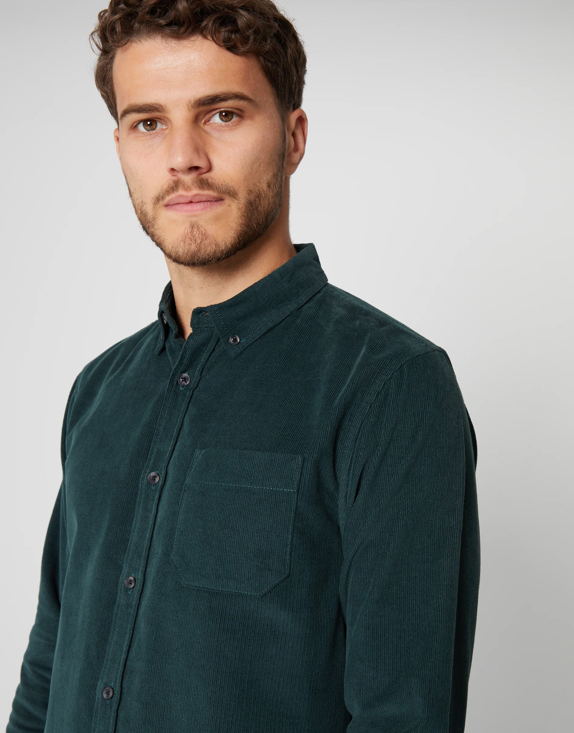 Green Fine Cord Long Sleeve Shirt in Bottle Green - Image 4