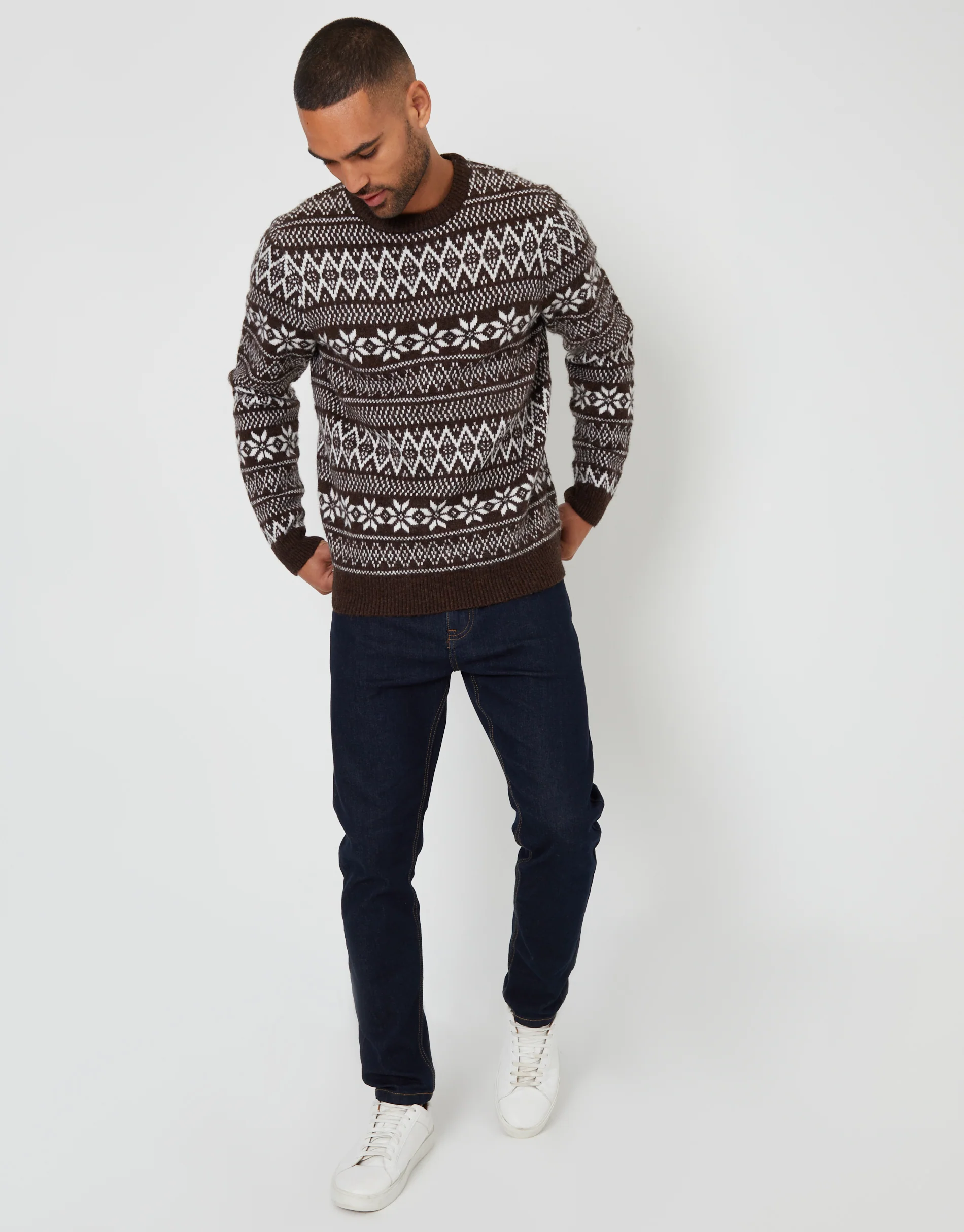Christmas Fairisle Crew Neck Jumper in Brown - Image 3