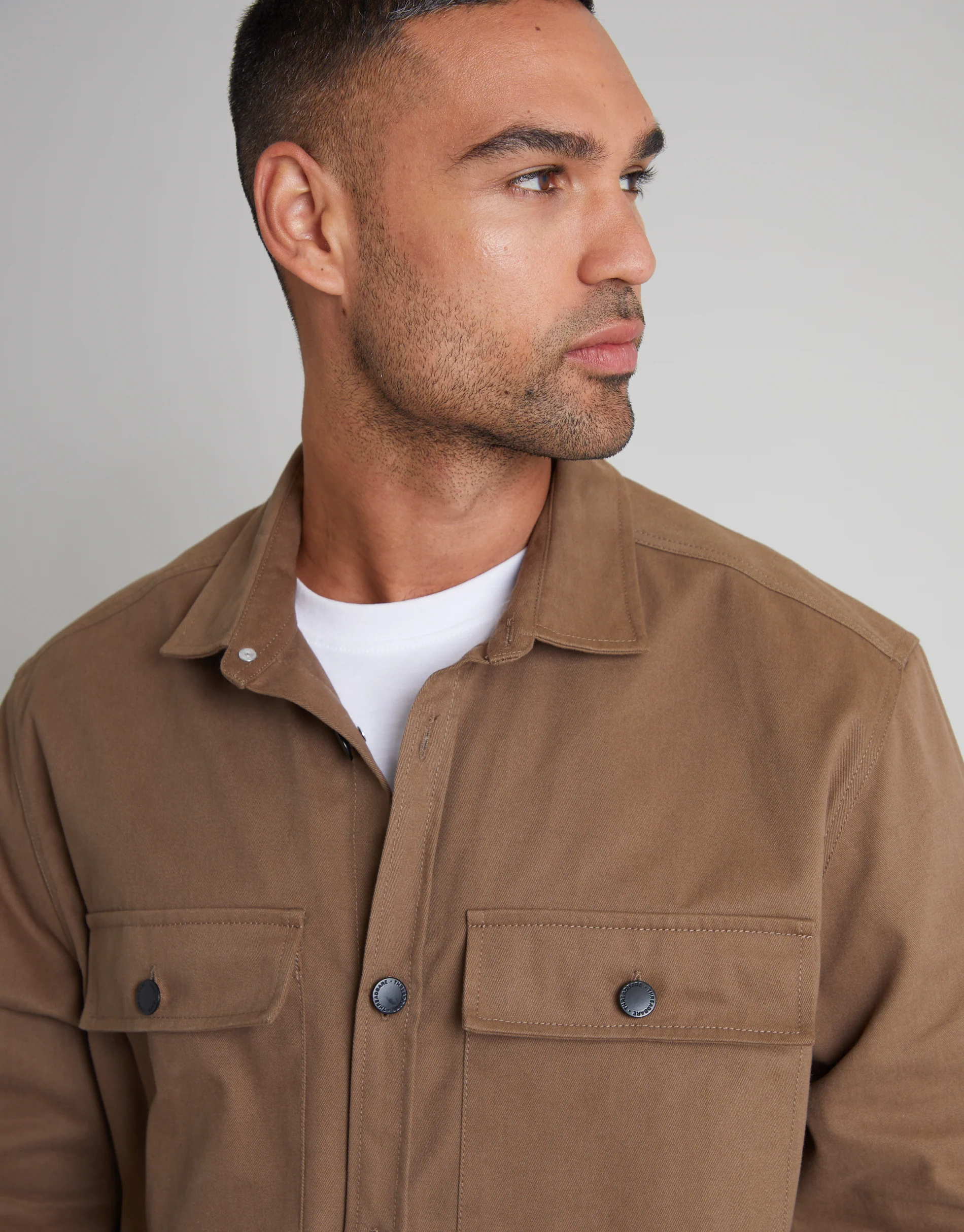 Relaxed Fit Cotton Twill Button Up Shacket in Brown - Image 4
