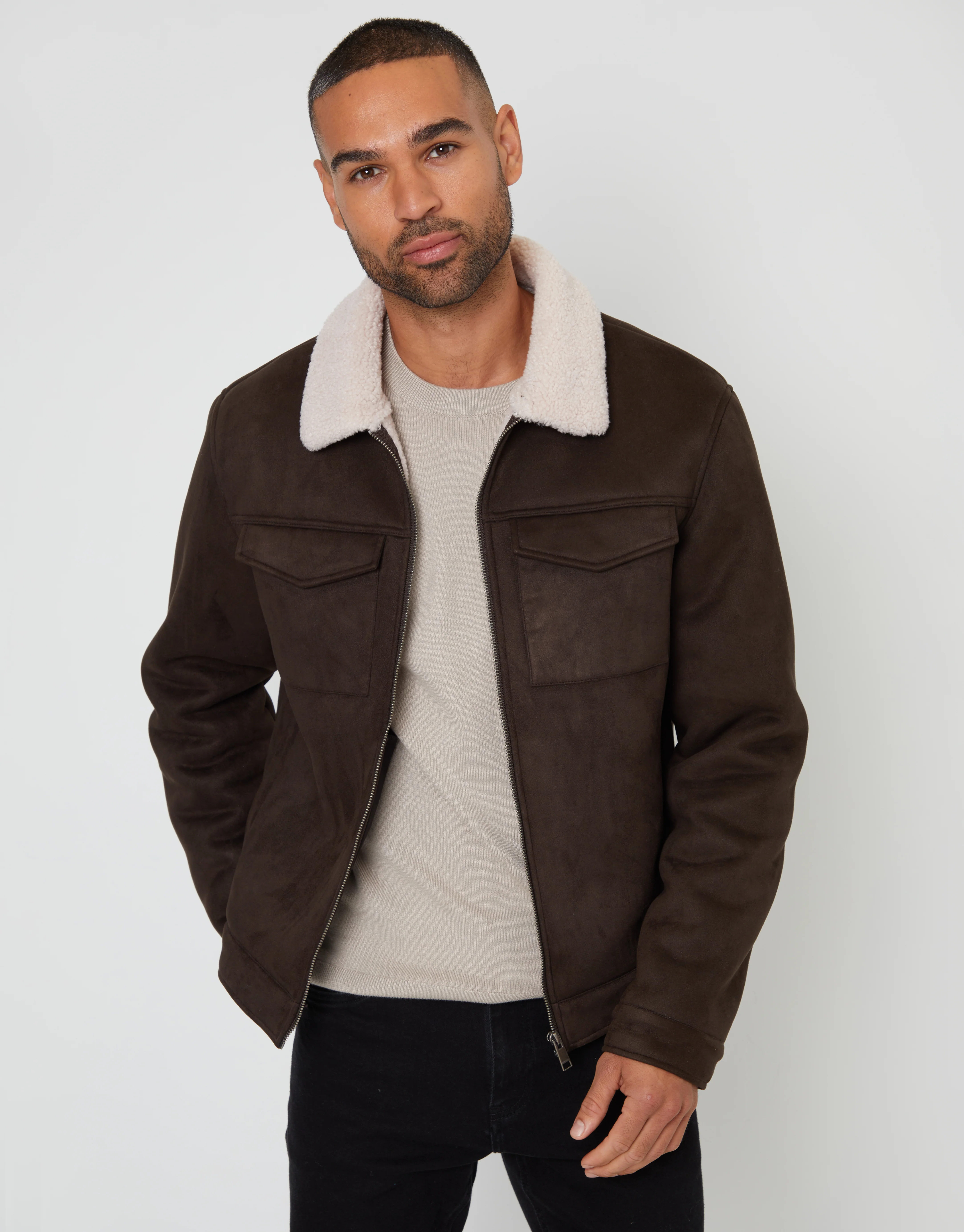 Faux Suede Borg Lined Aviator Jacket in Brown