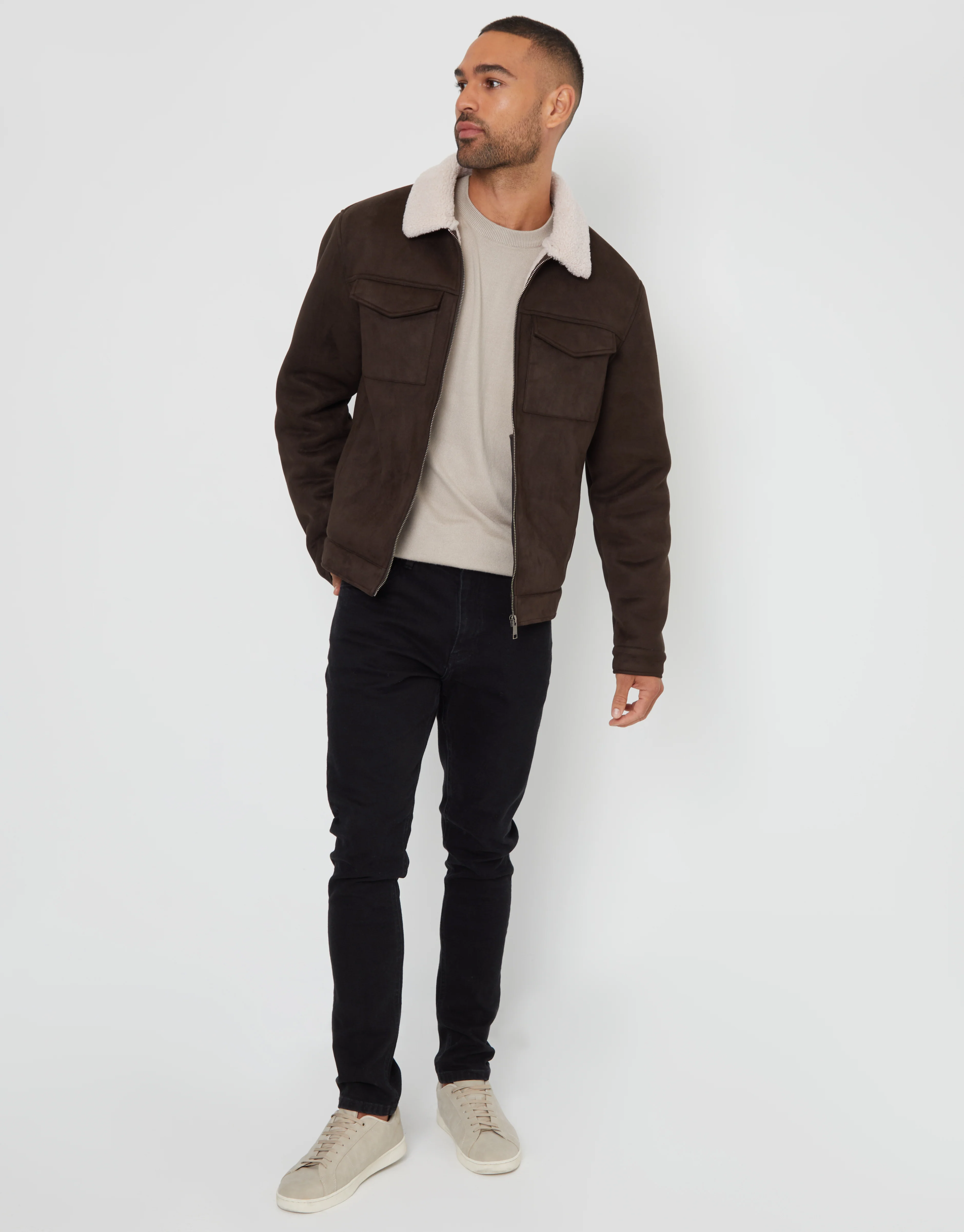 Faux Suede Borg Lined Aviator Jacket in Brown - Image 3
