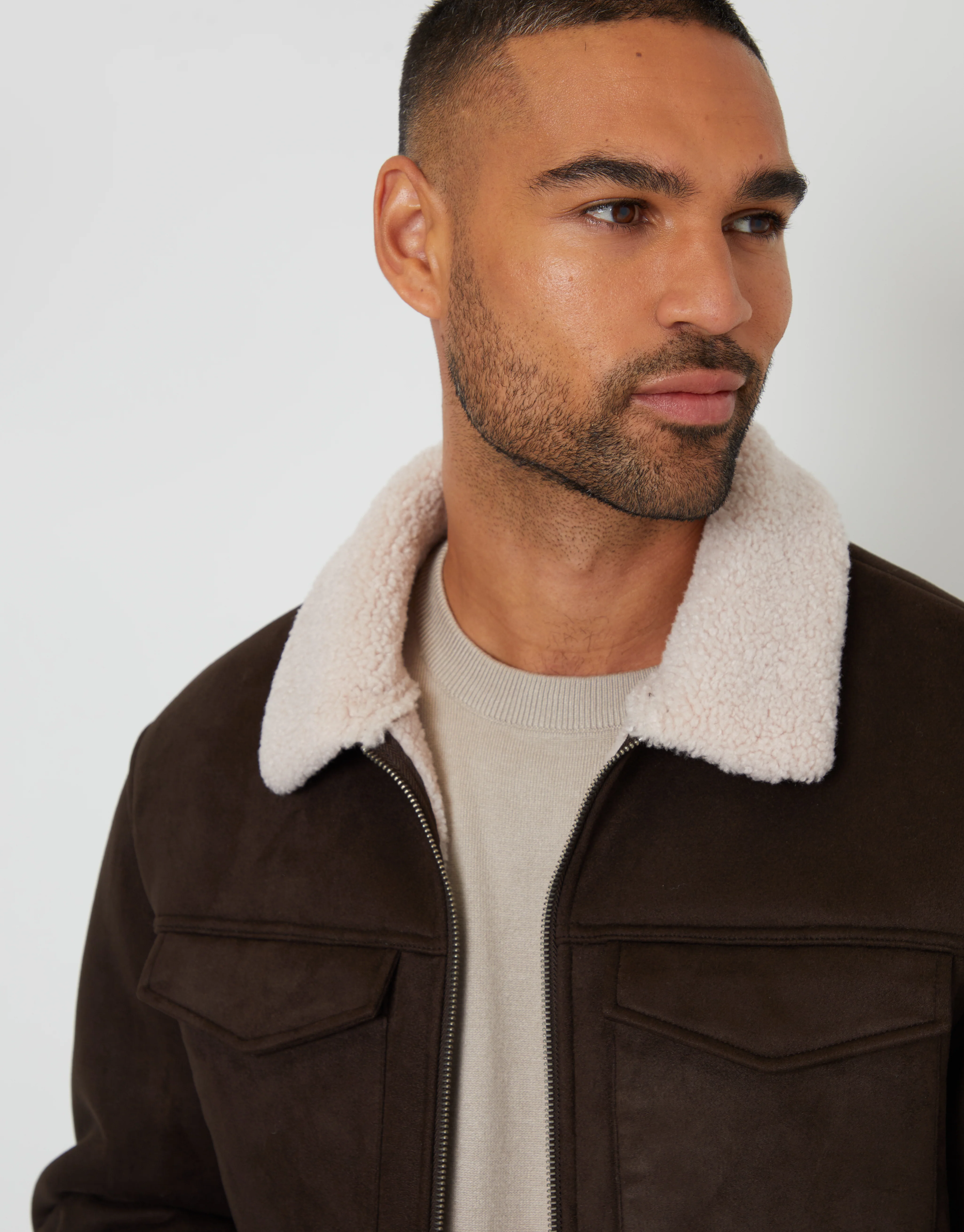 Faux Suede Borg Lined Aviator Jacket in Brown - Image 4