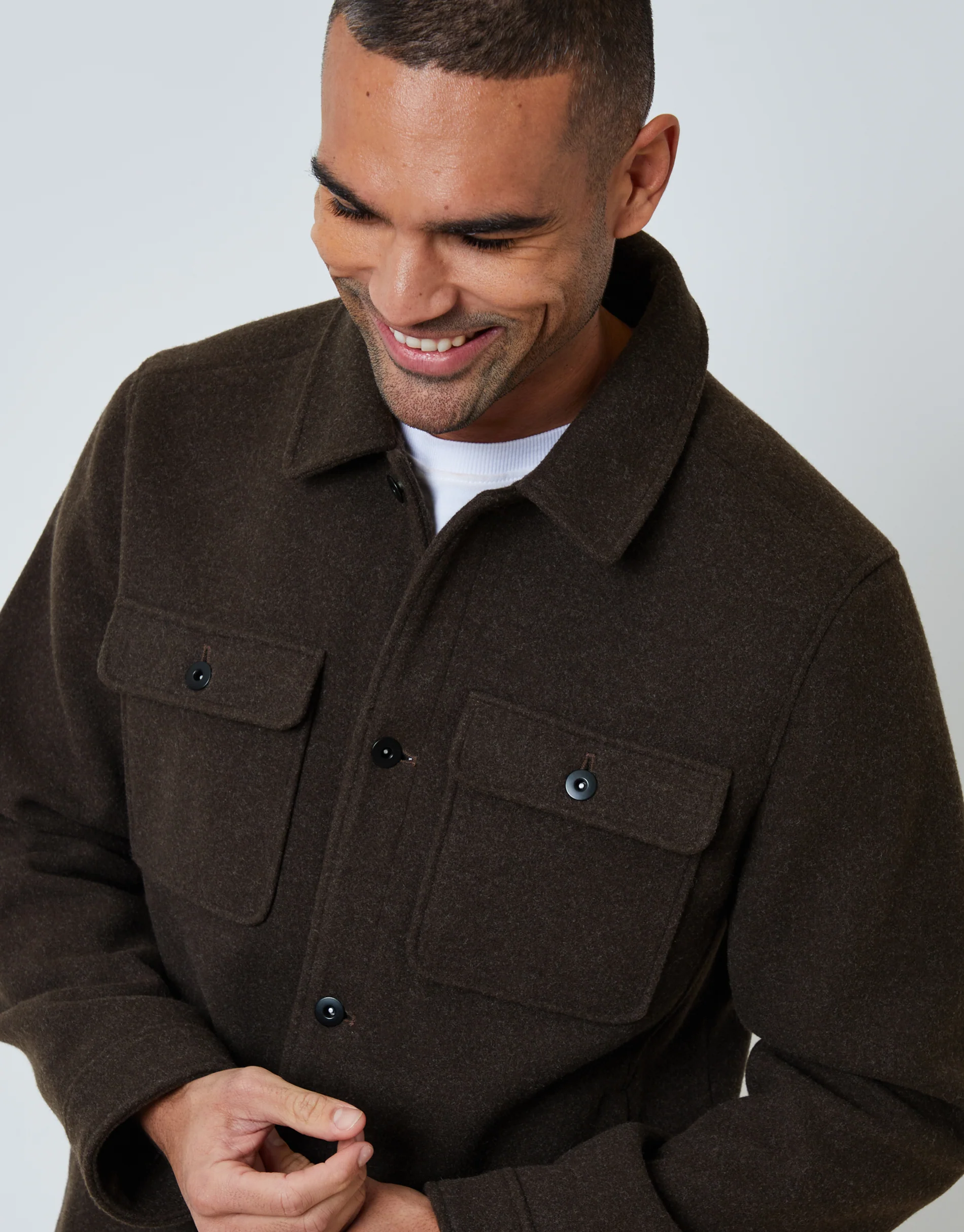 Brushed Button Up Shacket in Brown Marl - Image 4