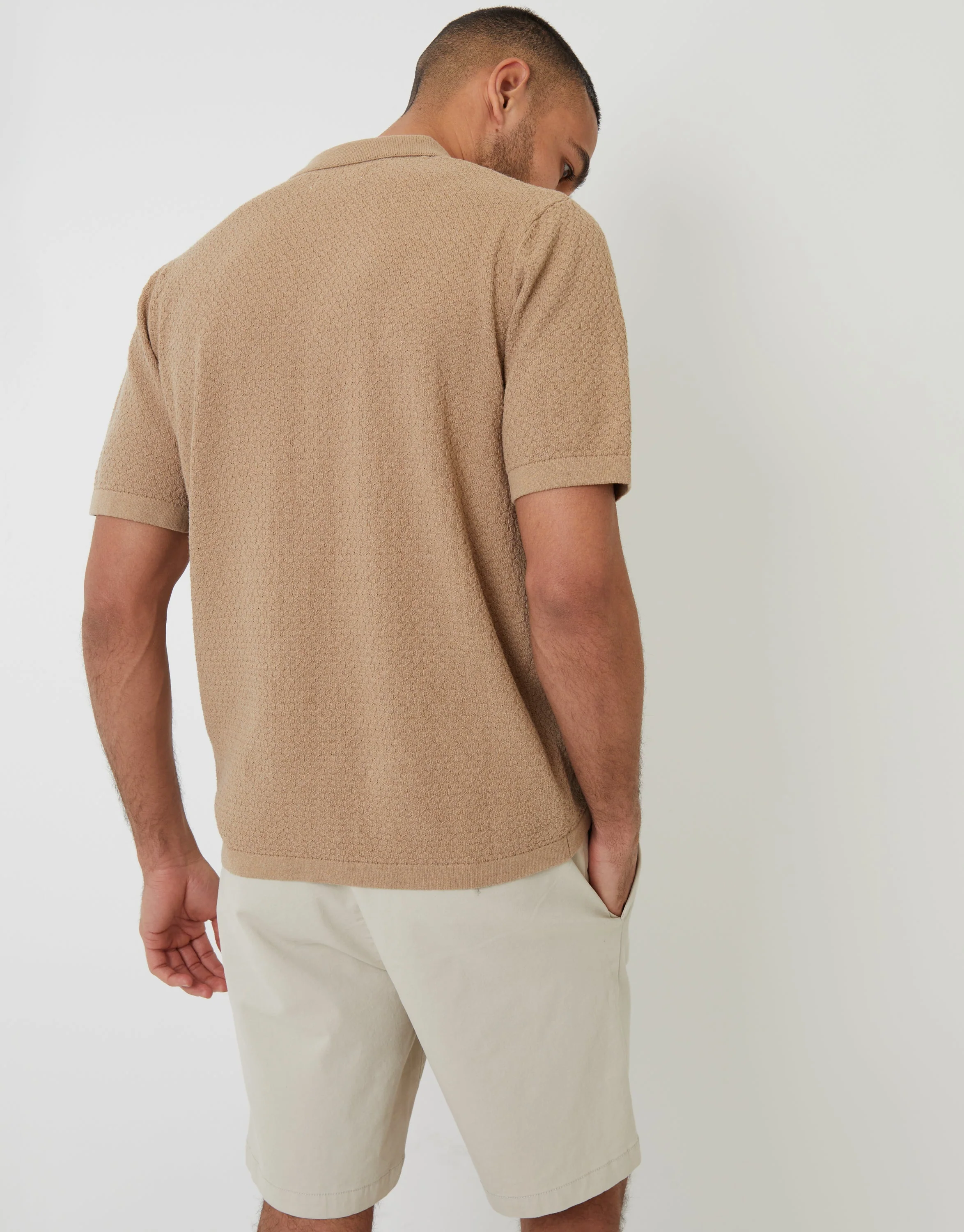 Textured Revere Collar Knitted Shirt in Brown - Image 2