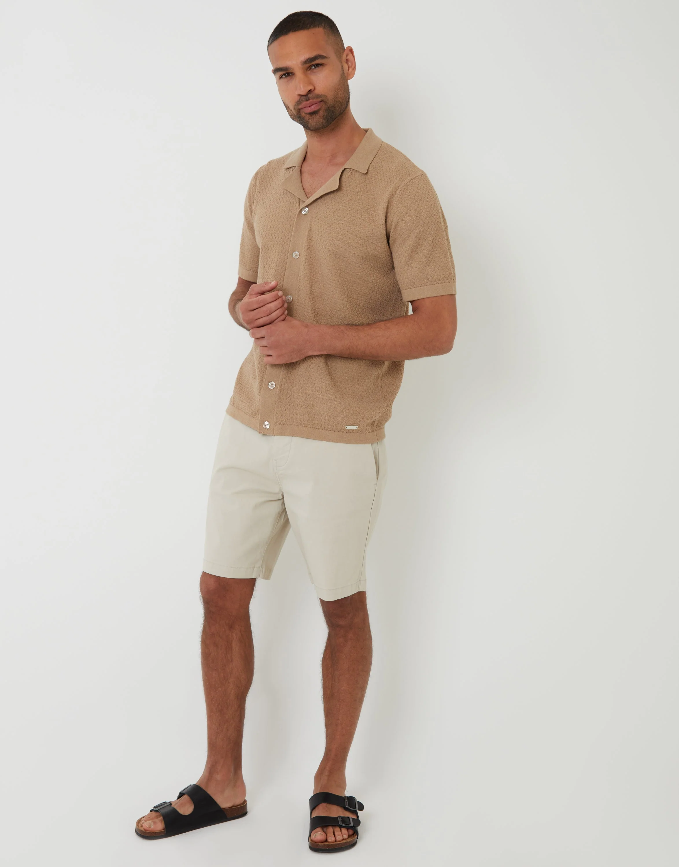Textured Revere Collar Knitted Shirt in Brown - Image 3