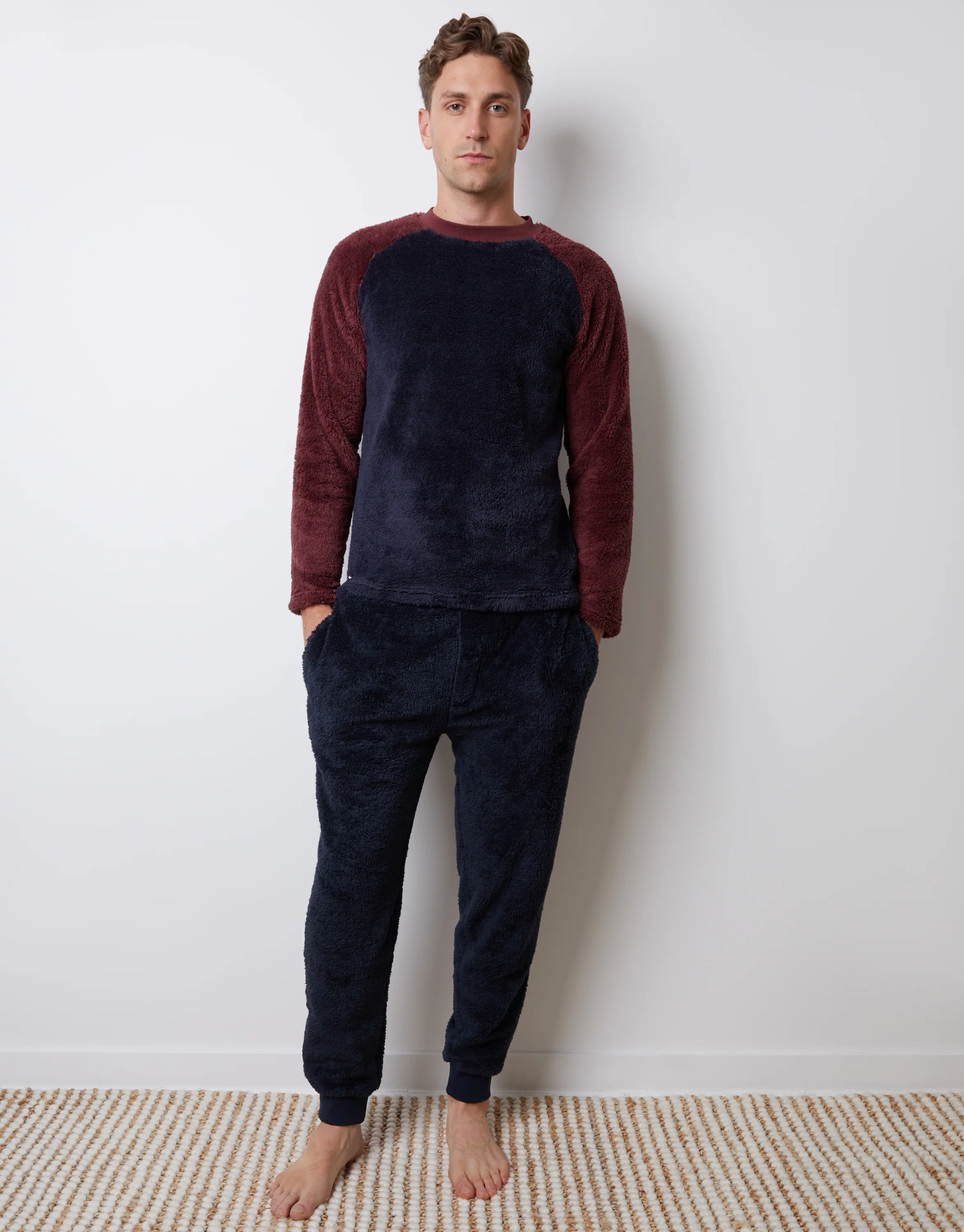 Borg Raglan Sweatshirt Lounge Set in Burgundy